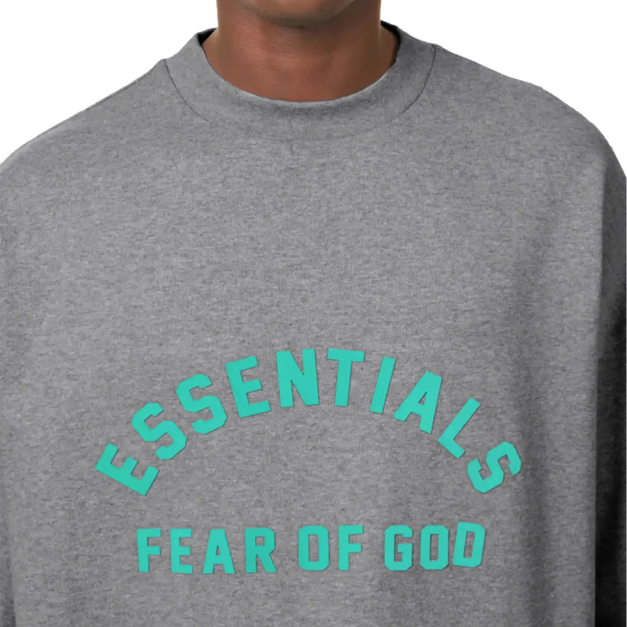 Detail view of Fear Of God Essentials Heavy Jersey S/S Dark Heather Oatmeal T Shirt