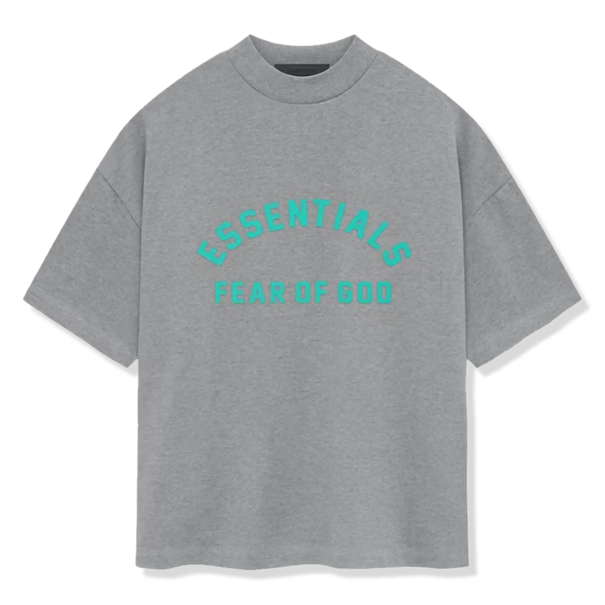 Front view of Fear Of God Essentials Heavy Jersey S/S Dark Heather Oatmeal T Shirt