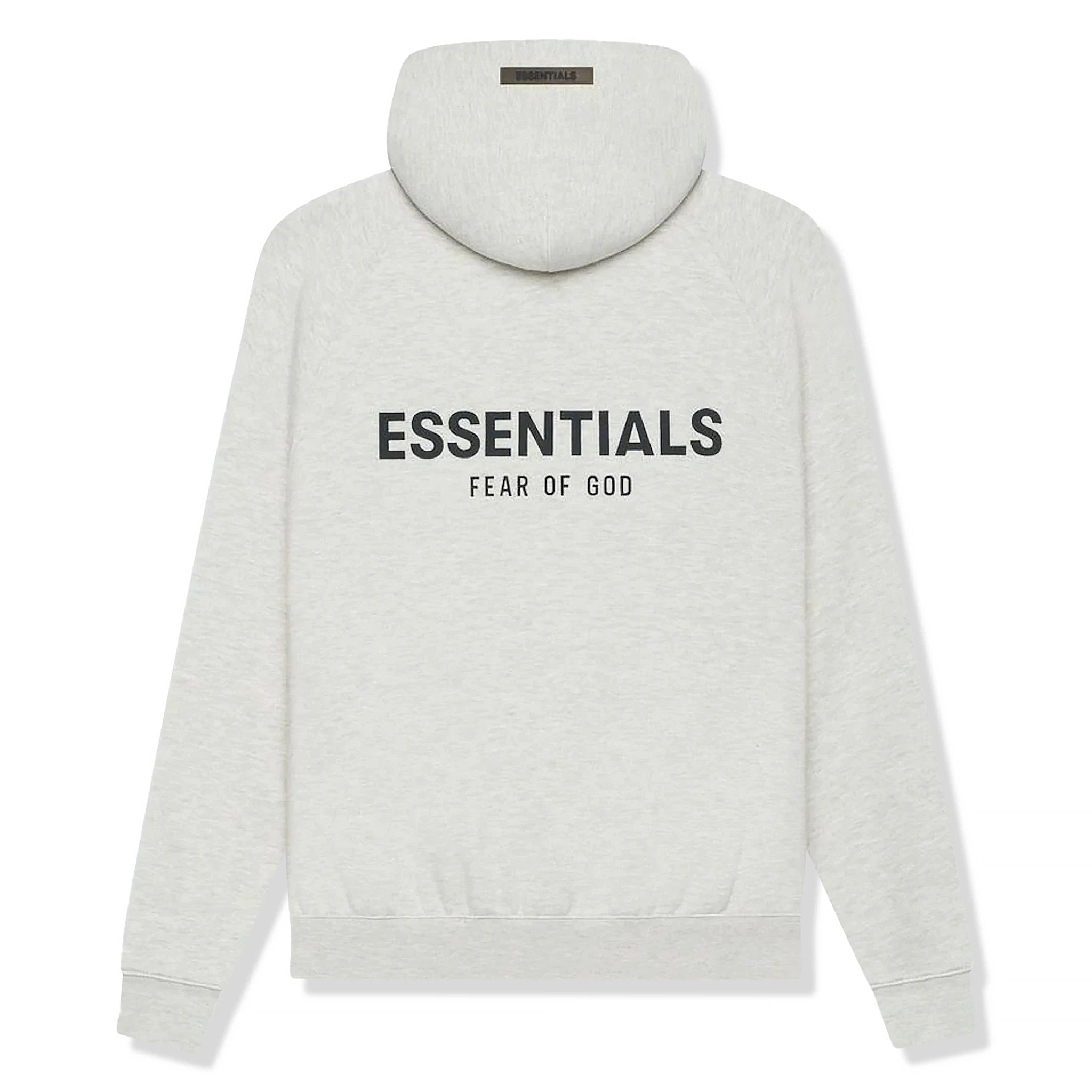 Back view of Fear Of God Essentials Light Heather Oatmeal Hoodie (SS21)