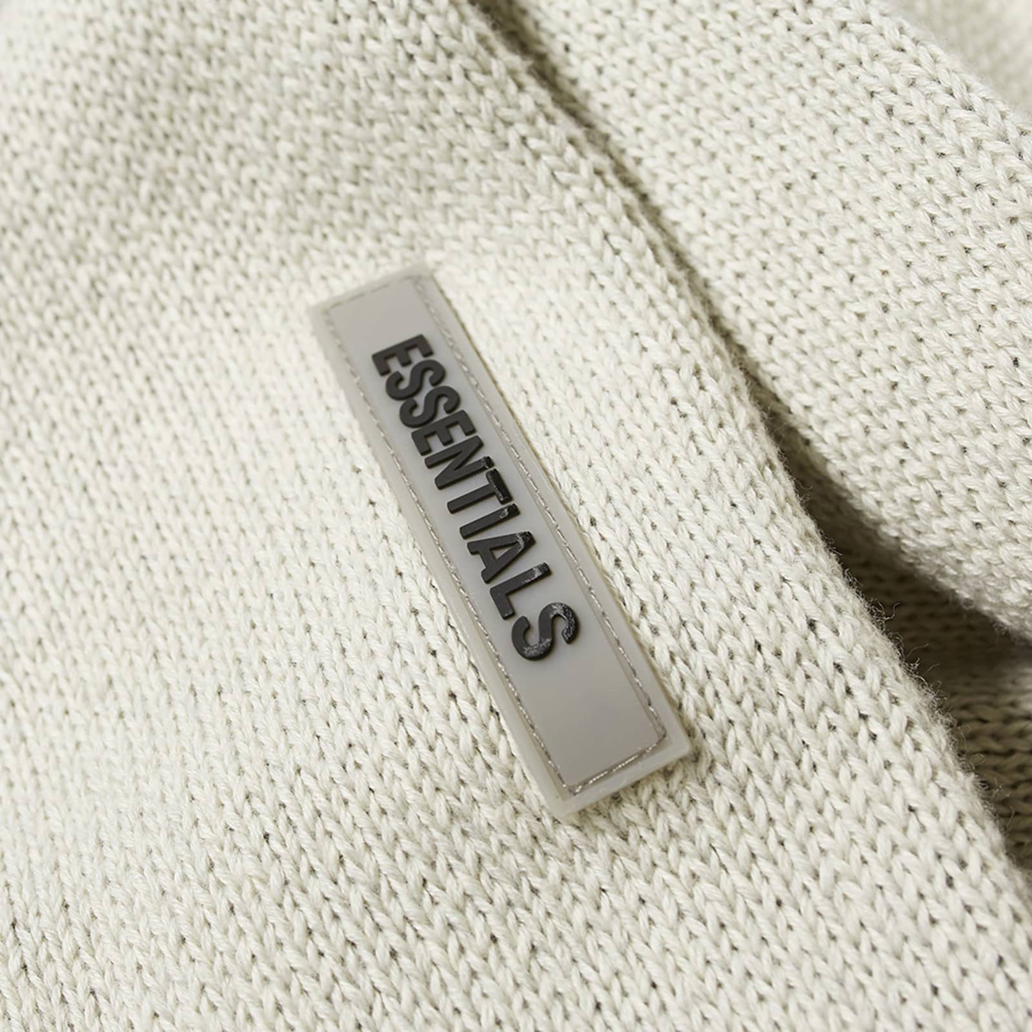 Hood view of Fear Of God Essentials Oatmeal Knit Hoodie