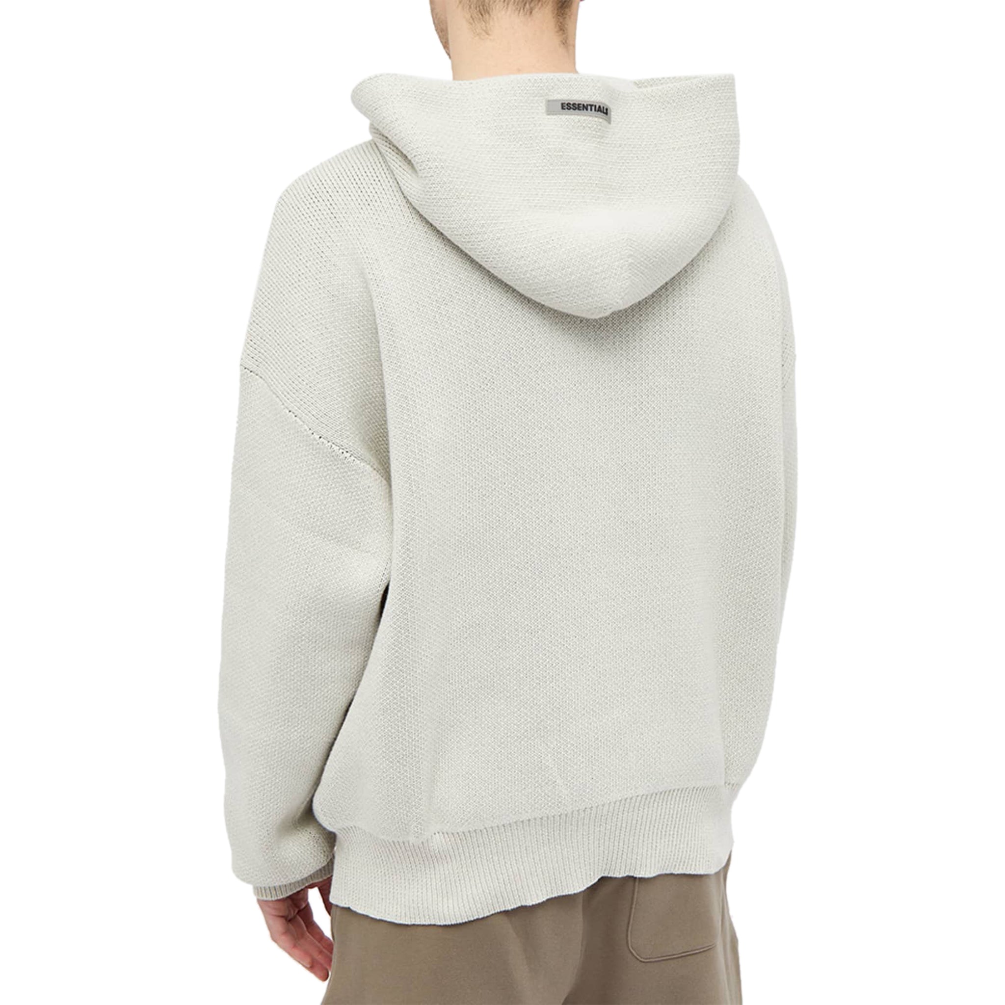 Model back view of Fear Of God Essentials Oatmeal Knit Hoodie