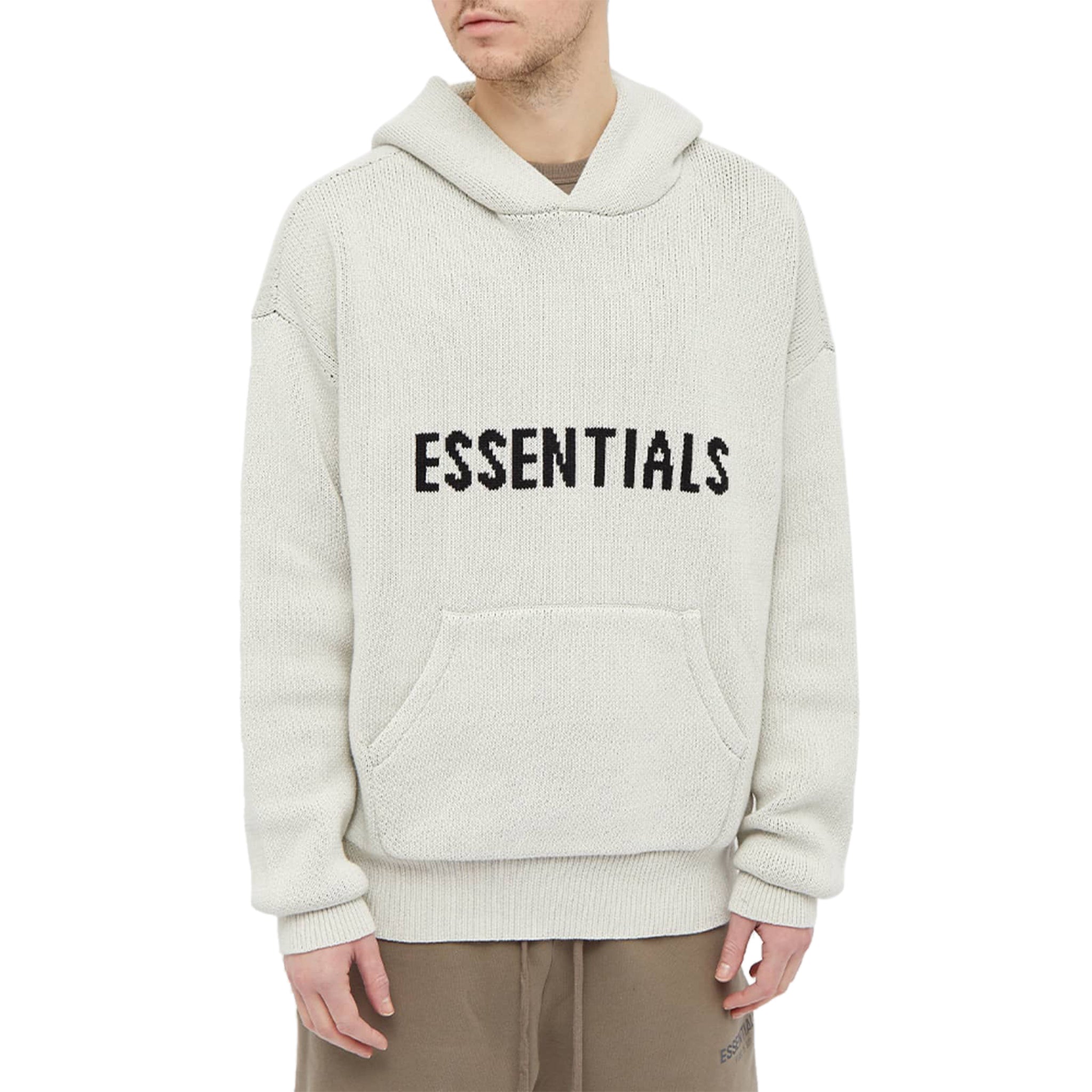 Model front view of Fear Of God Essentials Oatmeal Knit Hoodie