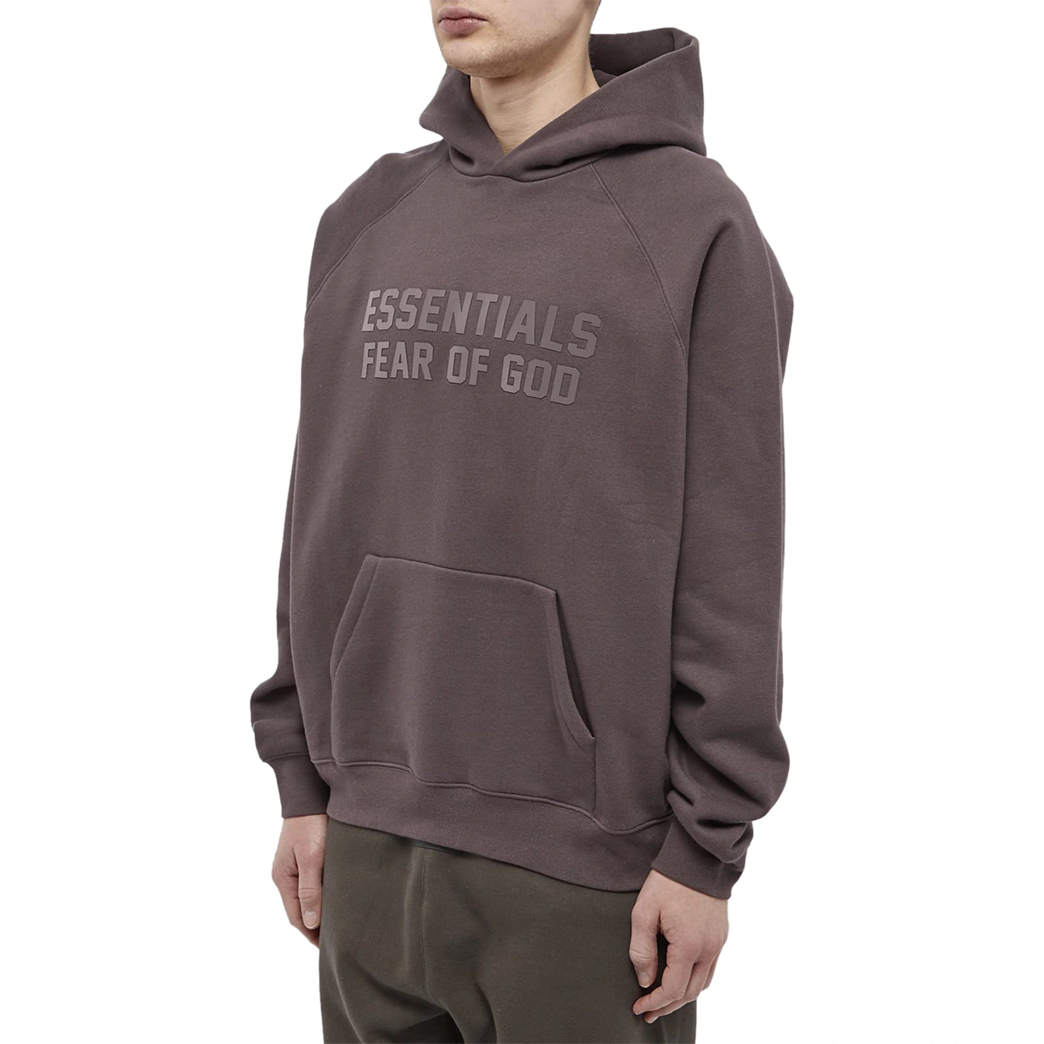 Model front side view of Fear Of God Essentials Plum Hoodie (SS23) 192BT222055F