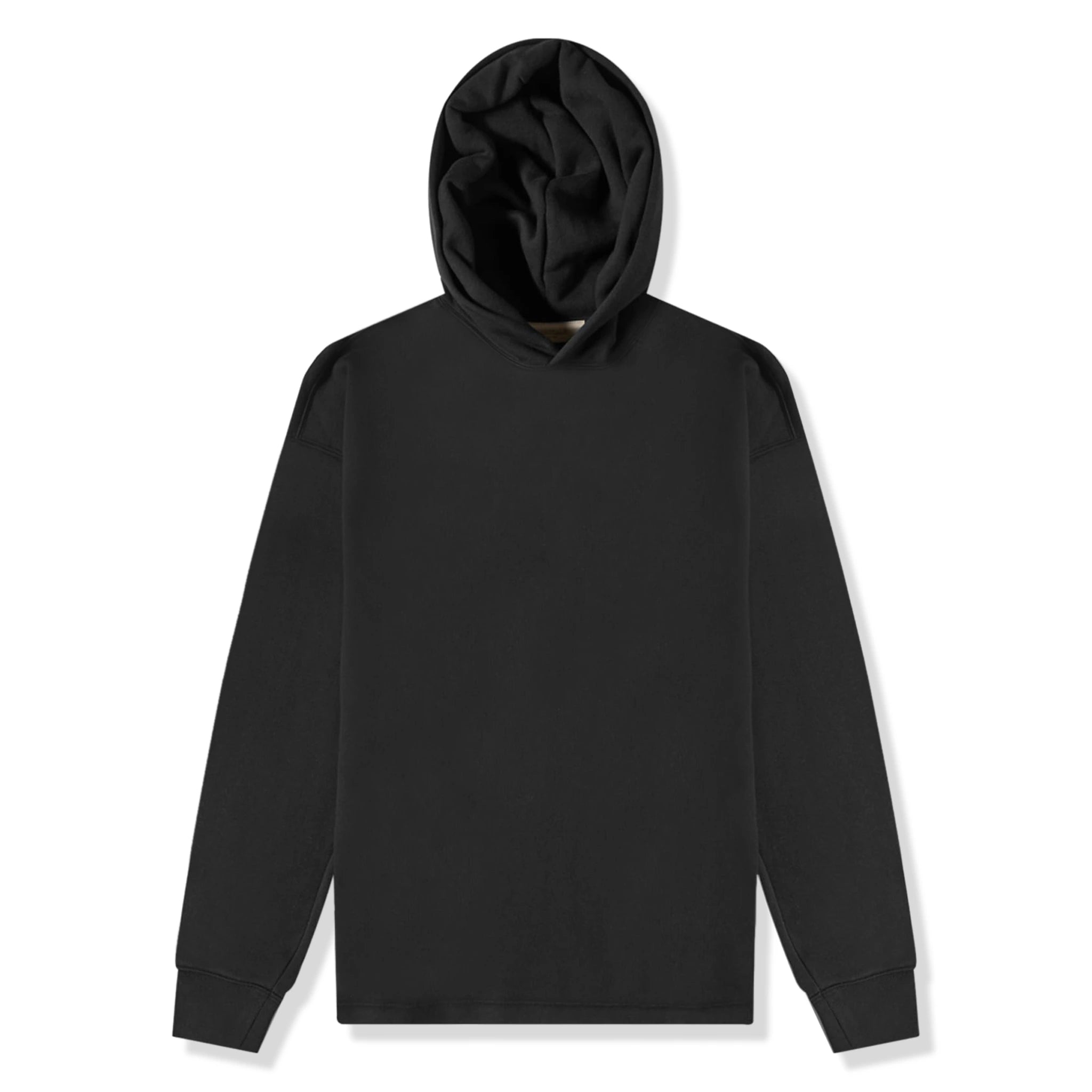 Front view of Fear Of God Essentials Relaxed Black Hoodie (SS22) 