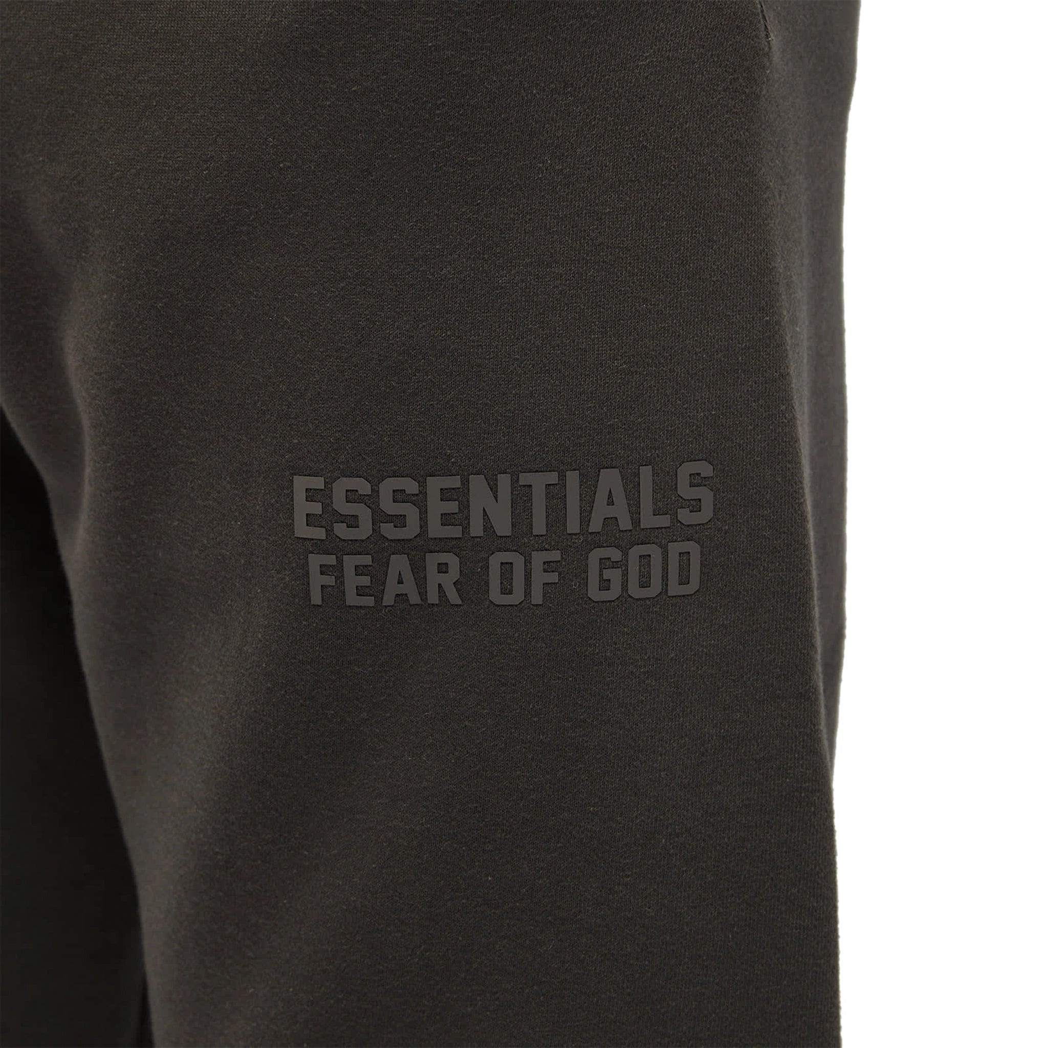 Logo view of Fear Of God Essentials Relaxed Off Black Sweatpants