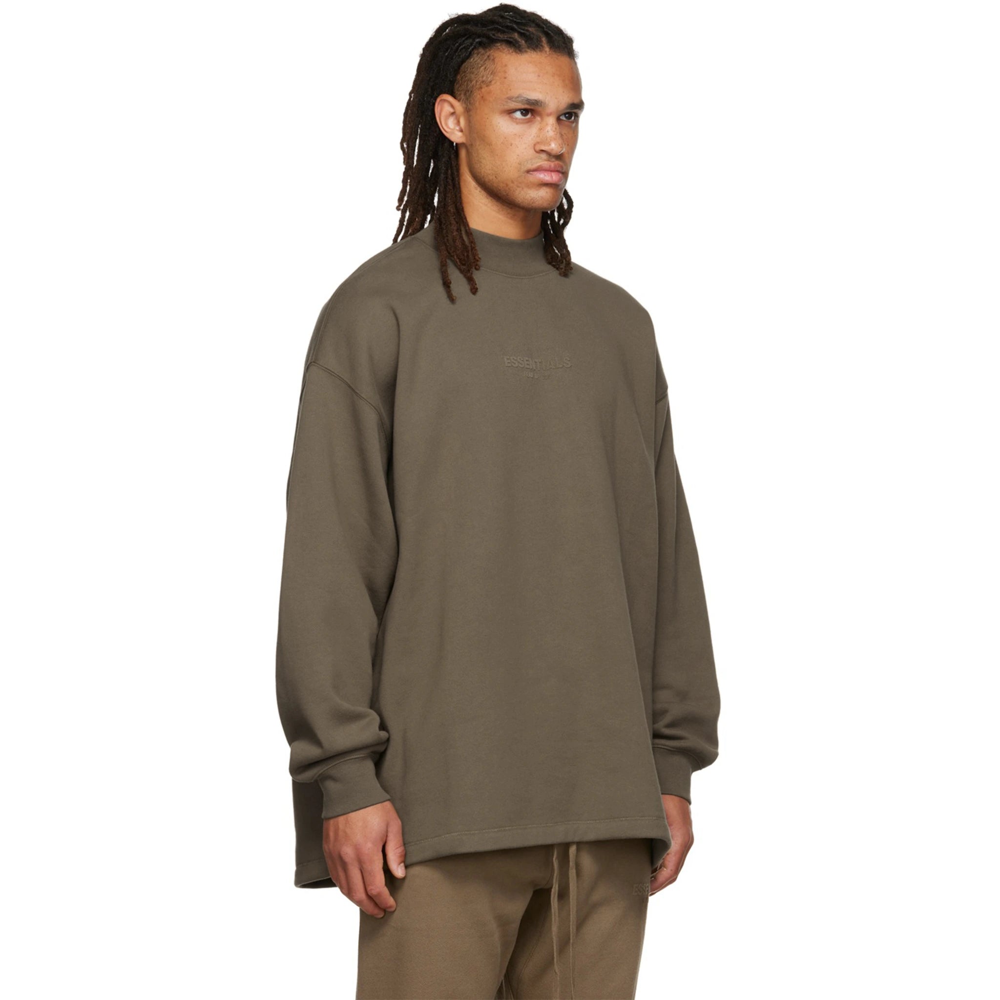 Model side view of Fear Of God Essentials Relaxed Wood Crewneck (FW22)