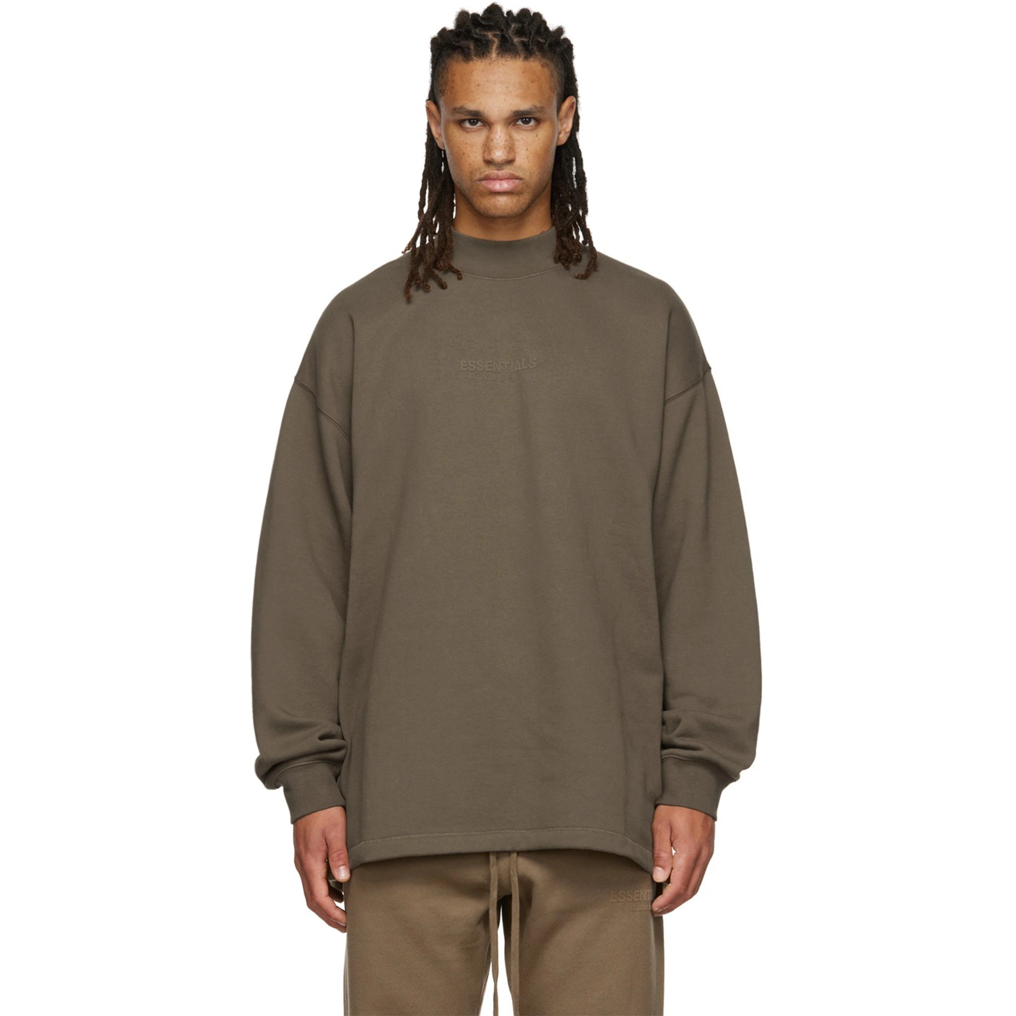 Model front view of Fear Of God Essentials Relaxed Wood Crewneck (FW22)