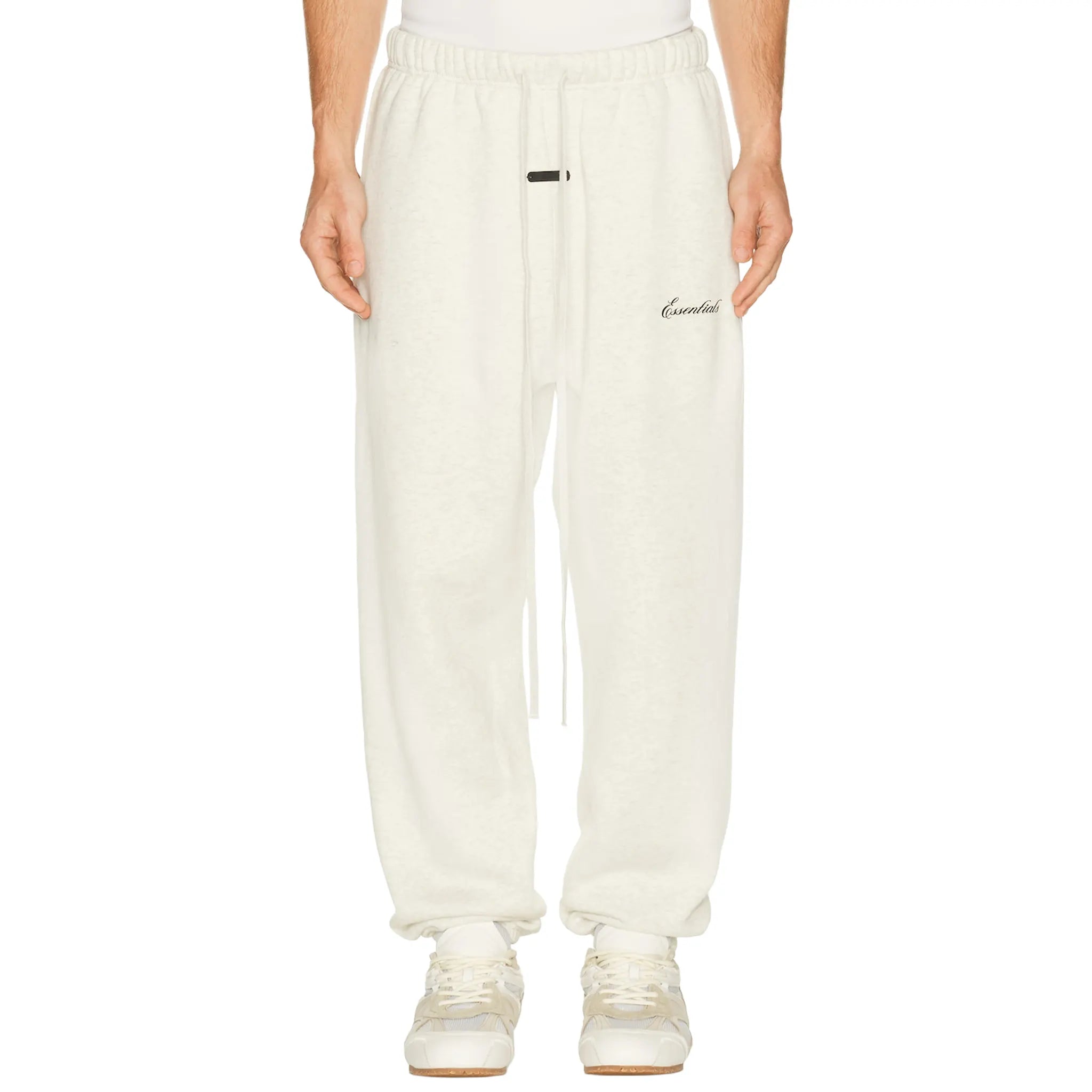 Model Front View of Fear Of God Essentials Signature Classic Oatmeal Heather Sweatpants (SS26) 130AS262022F