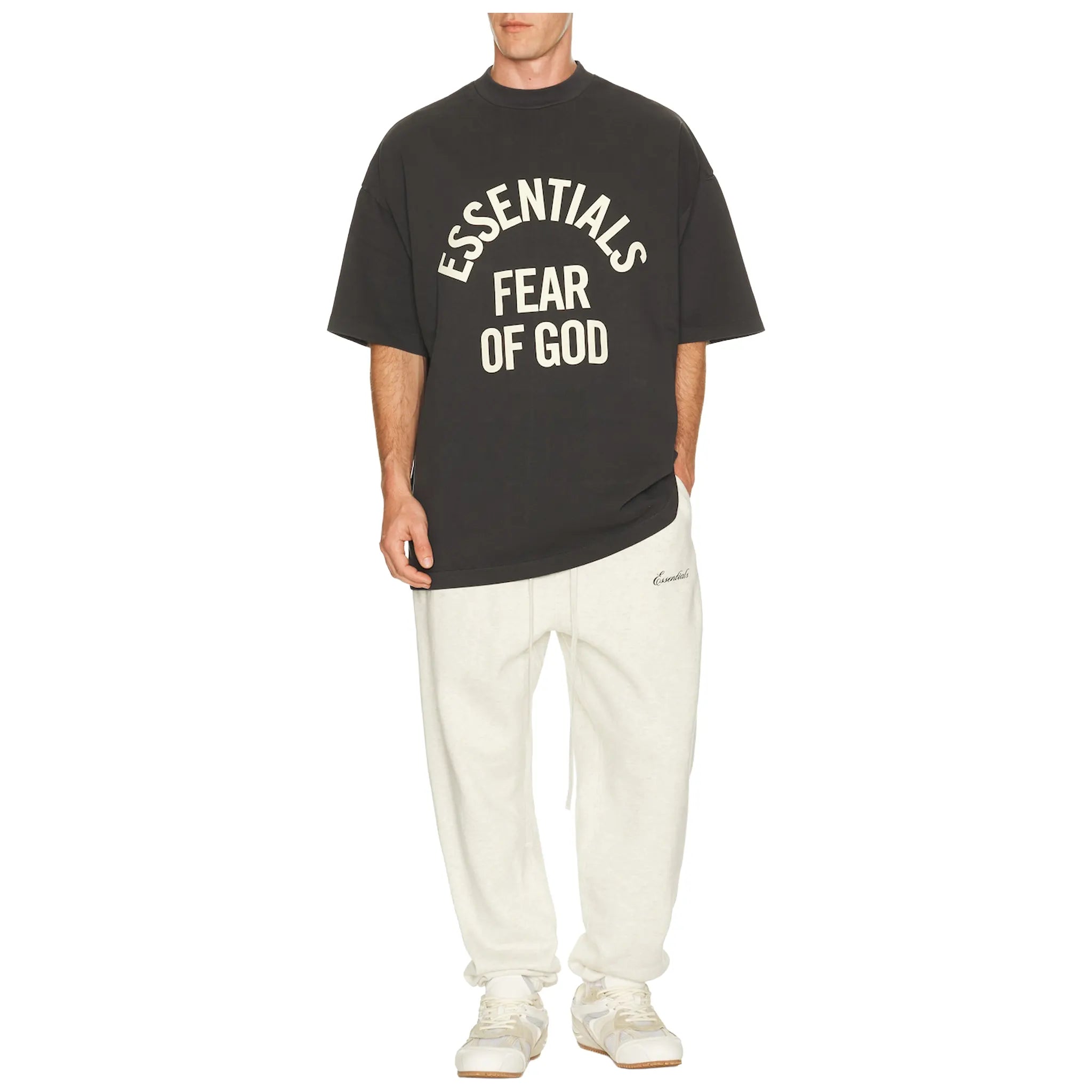 Model View of Fear Of God Essentials Signature Classic Oatmeal Heather Sweatpants (SS26) 130AS262022F