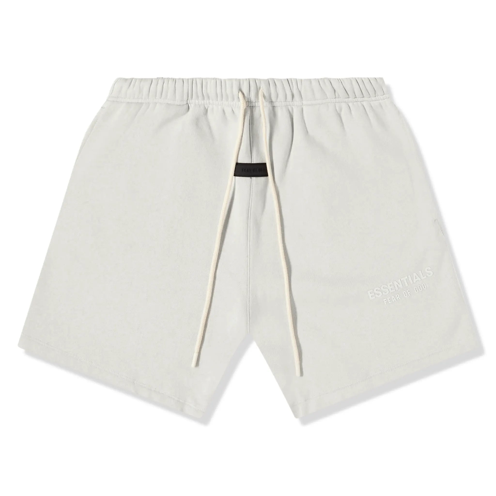 Front view of Fear Of God Essentials Silver Cloud Shorts (FW23)