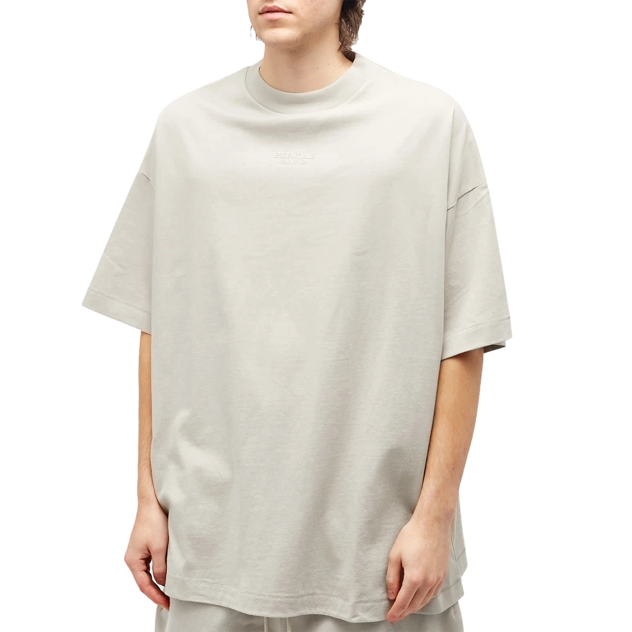 Model front view of Fear Of God Essentials Silver Cloud T Shirt (FW23)