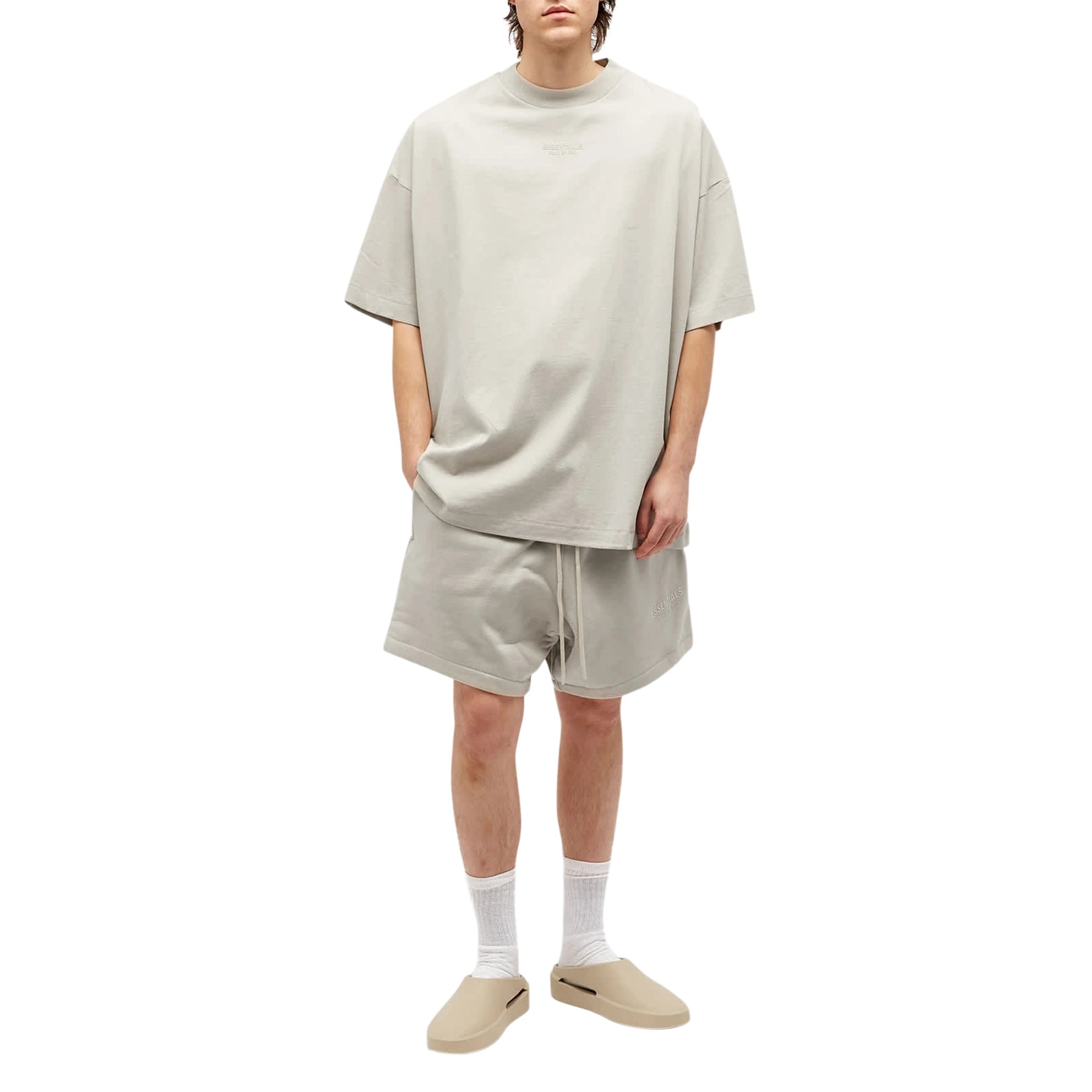 Model view of Fear Of God Essentials Silver Cloud T Shirt (FW23)