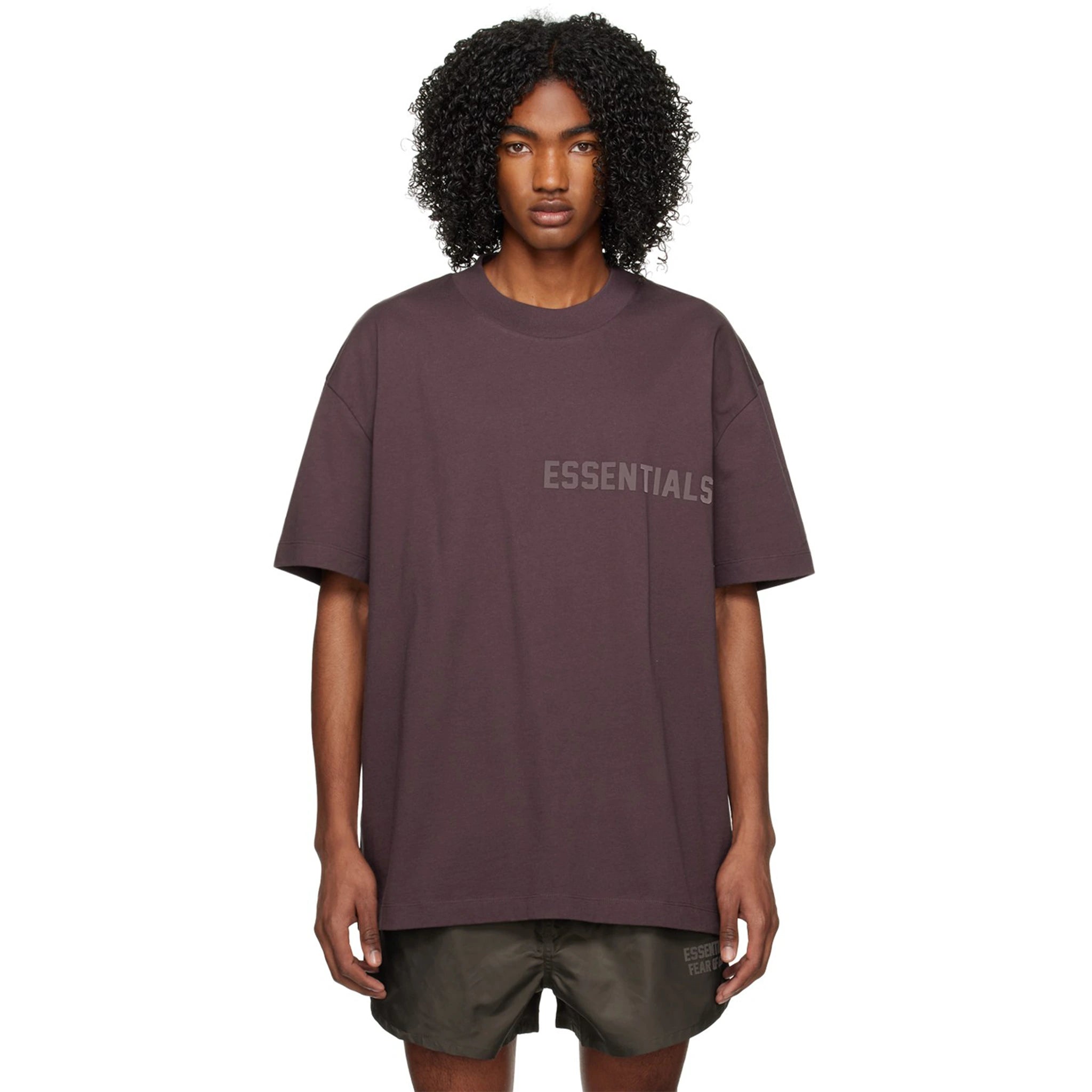 Model front view of Fear of God Essentials SS Plum T Shirt (SS23)