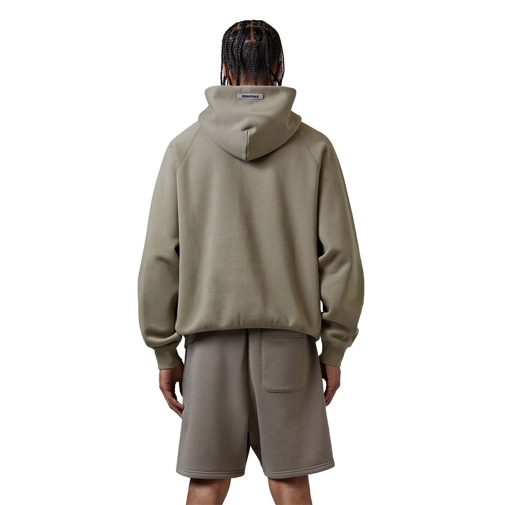 Model back view of Fear Of God Essentials Taupe Hoodie