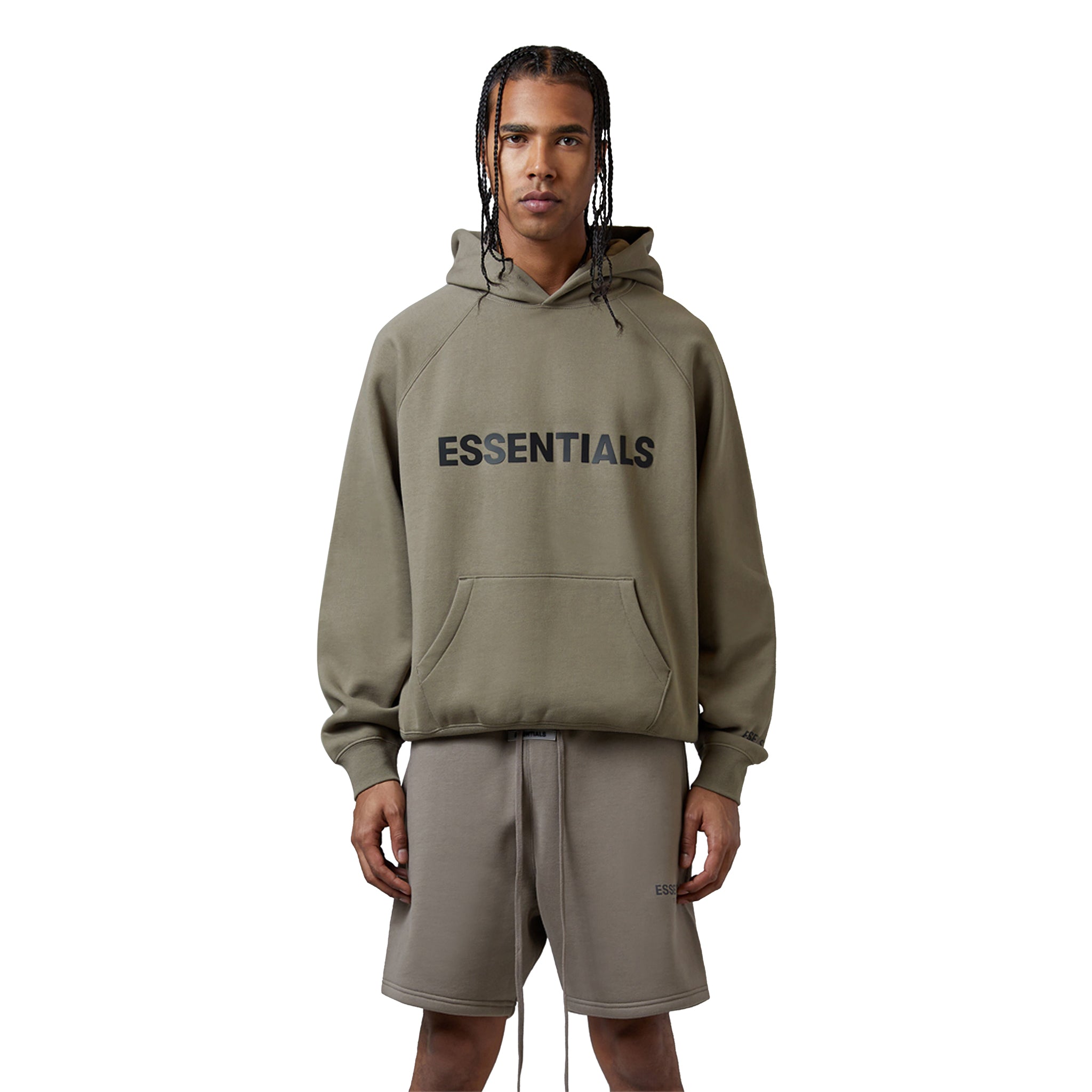 Model front view of Fear Of God Essentials Taupe Hoodie