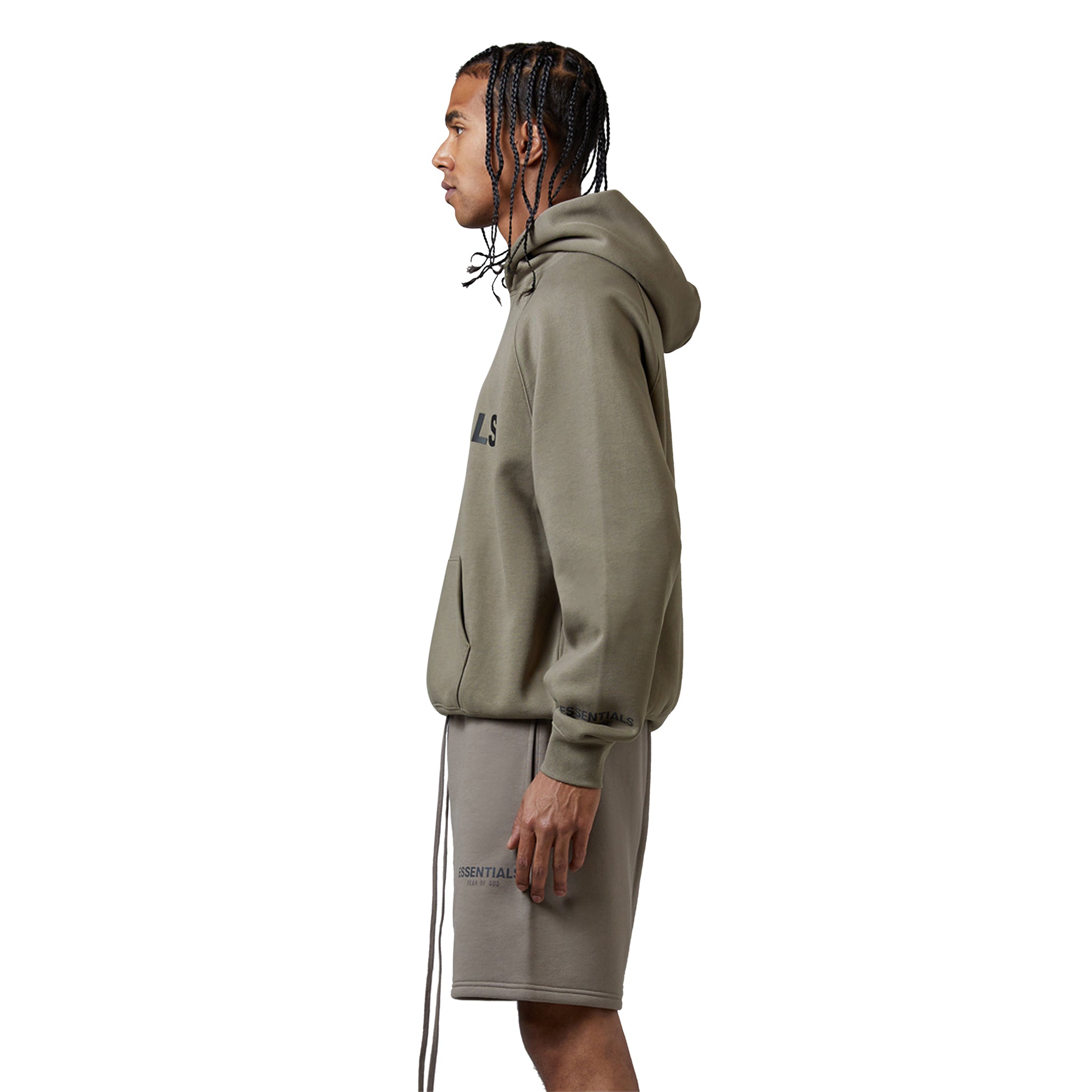 Model side view of Fear Of God Essentials Taupe Hoodie