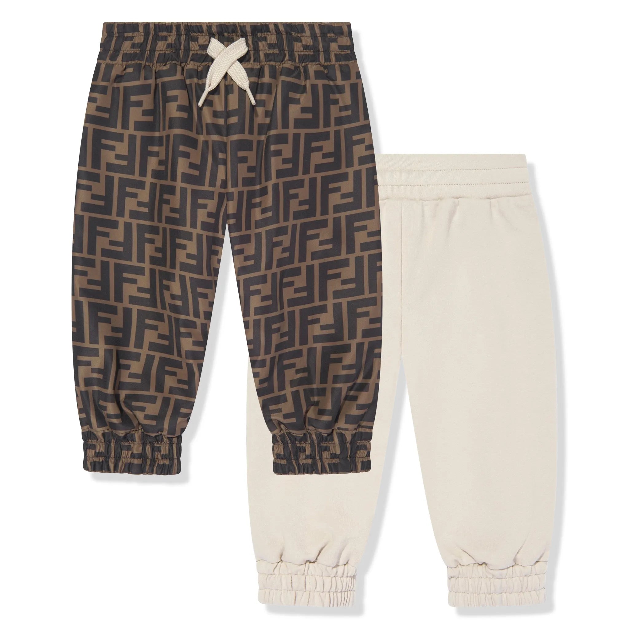 Front View of Fendi Baby FF Logo Reversible Brown Sweatpants FENS4013340245