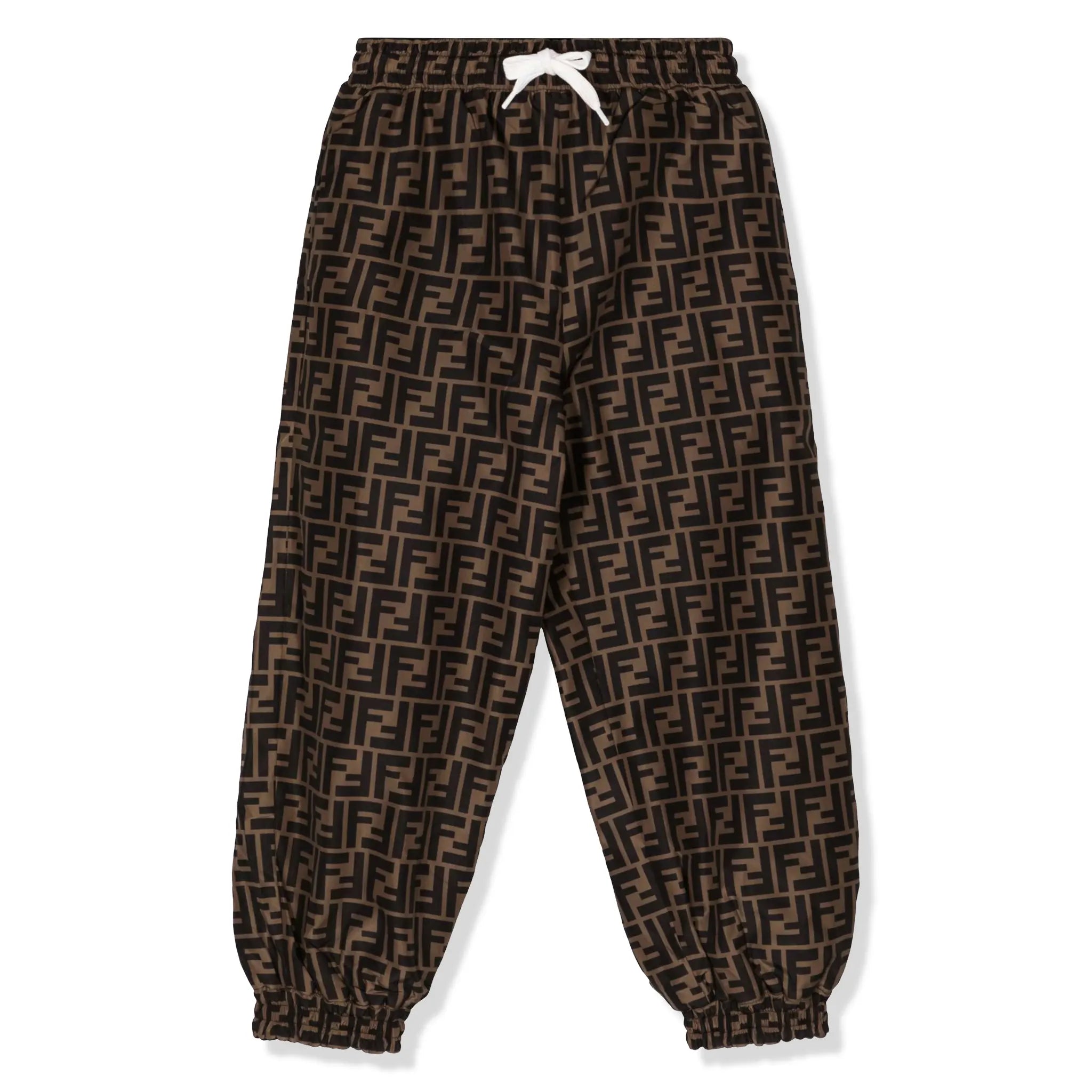 Front View of Fendi FF Logo Kids Brown Sweatpants FENA4094372258