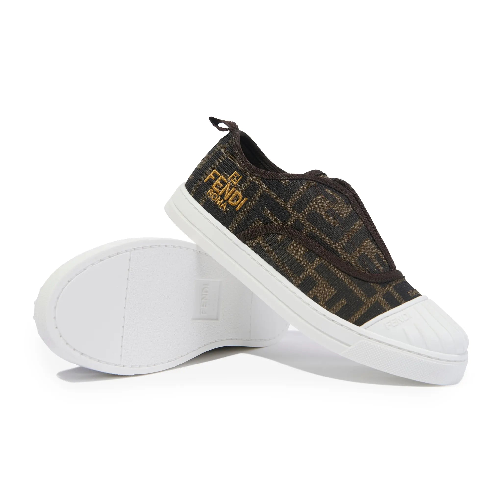 Sole Side View of Fendi FF Logo Kids Brown Trainers FENS4080354267