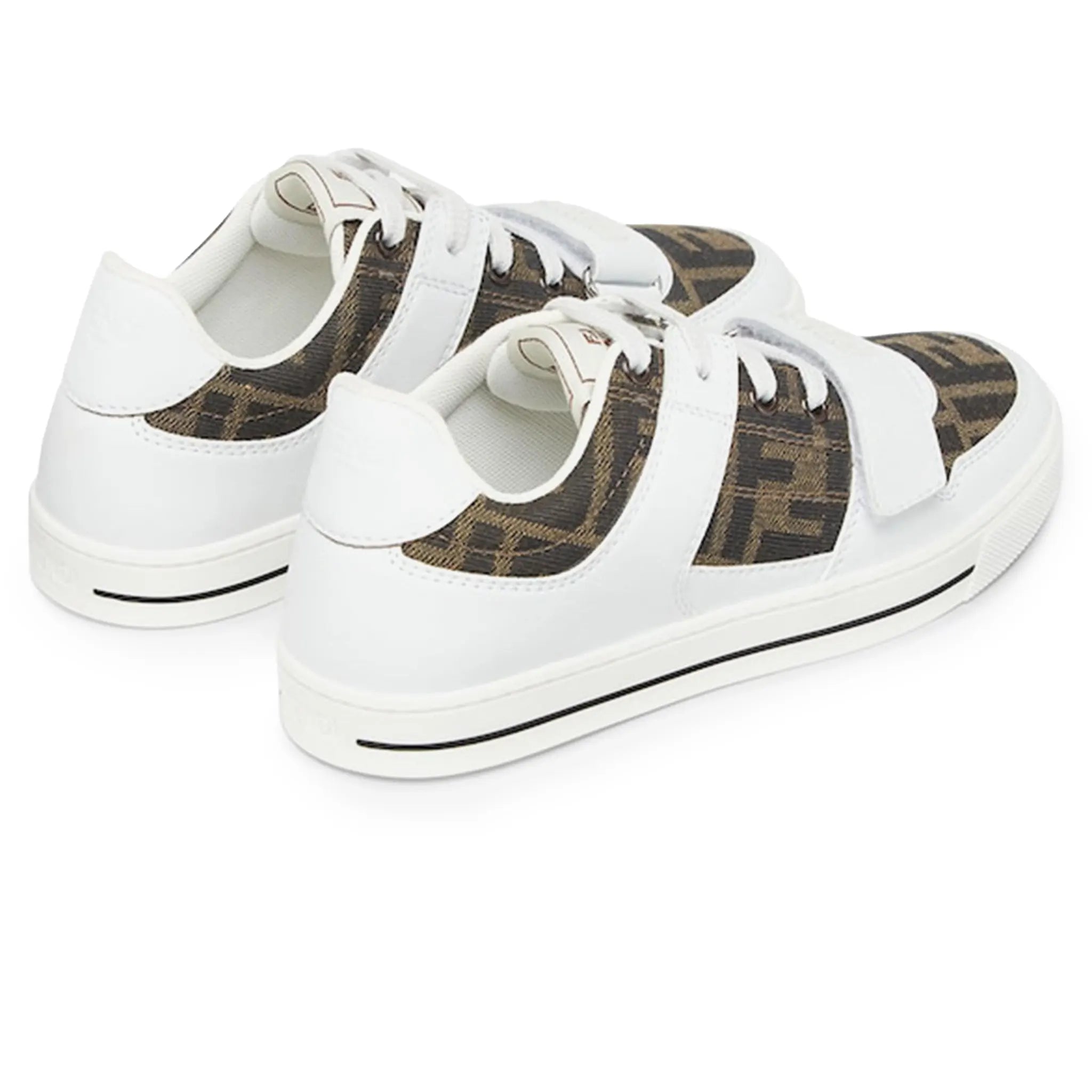 Back Side View of Fendi Kids Leather Jacquard Logo White Trainers FENS5093369275