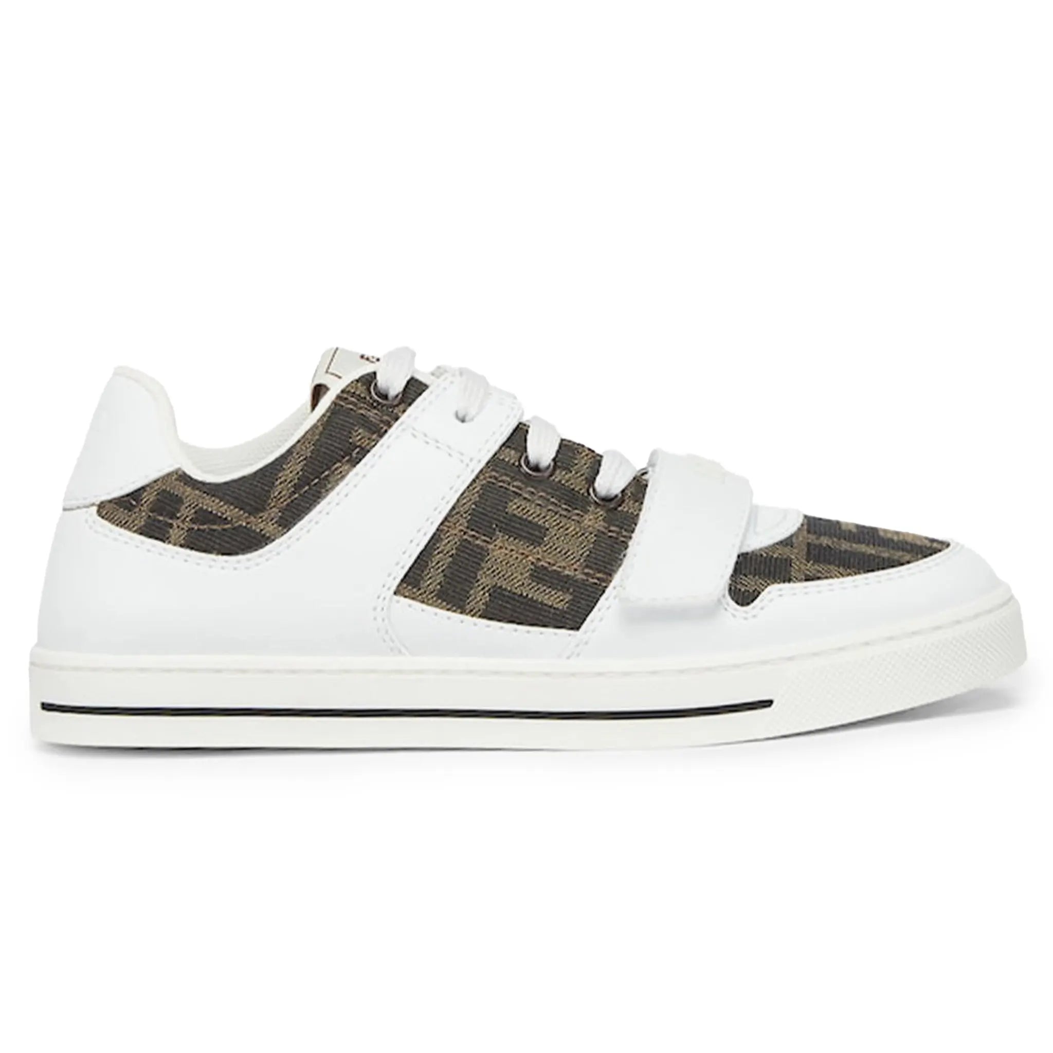 Side View of Fendi Kids Leather Jacquard Logo White Trainers FENS5093369275