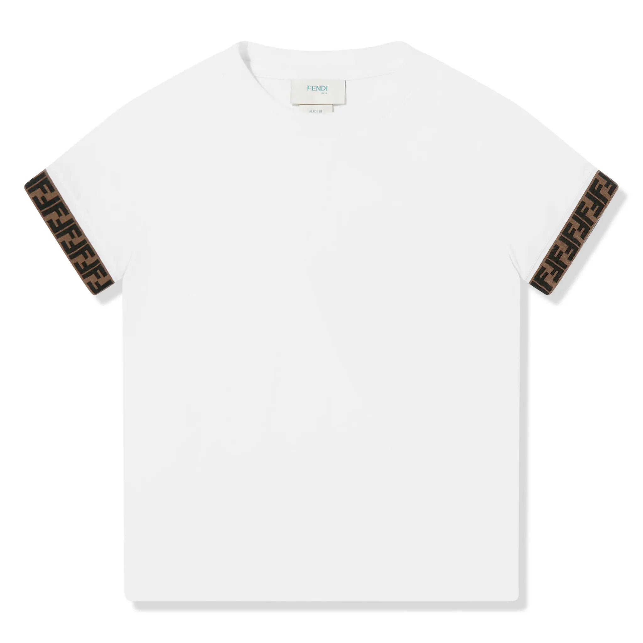 Front View of Fendi Logo Trim Kids White T Shirt FENA0193515123