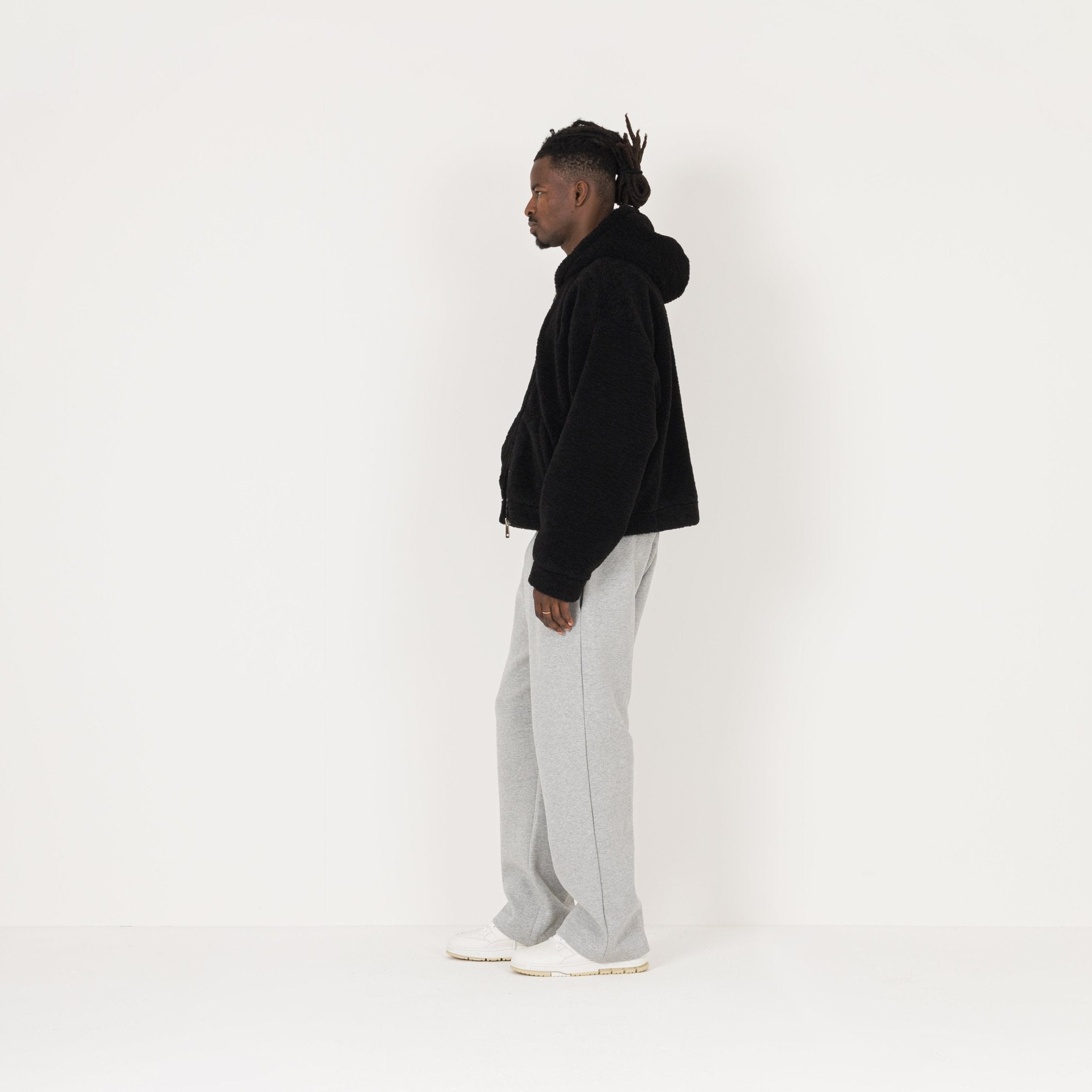 Model Side view of Destructive Fleece ZIP Black Jacket