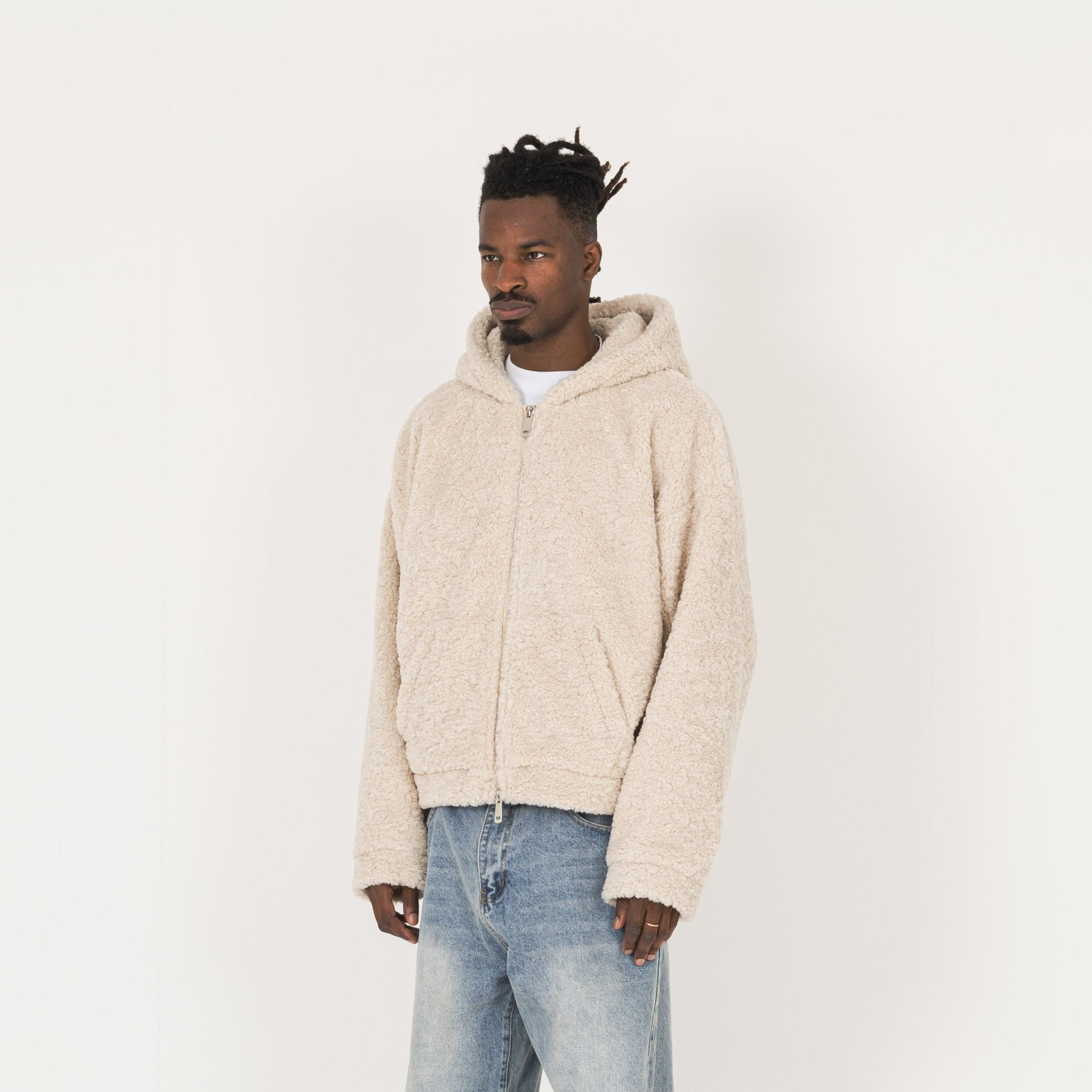 Model view of Destructive Fleece Zip Natural Jacket