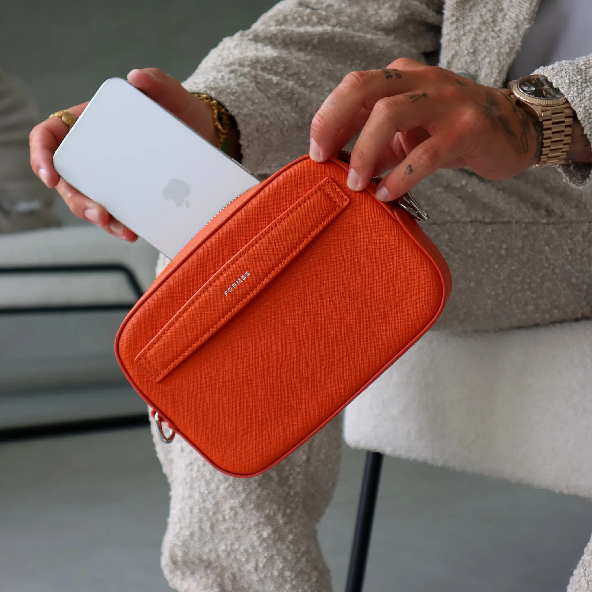 Front Model Side View of Formes Adapt Magna Mini Crossbody Bag