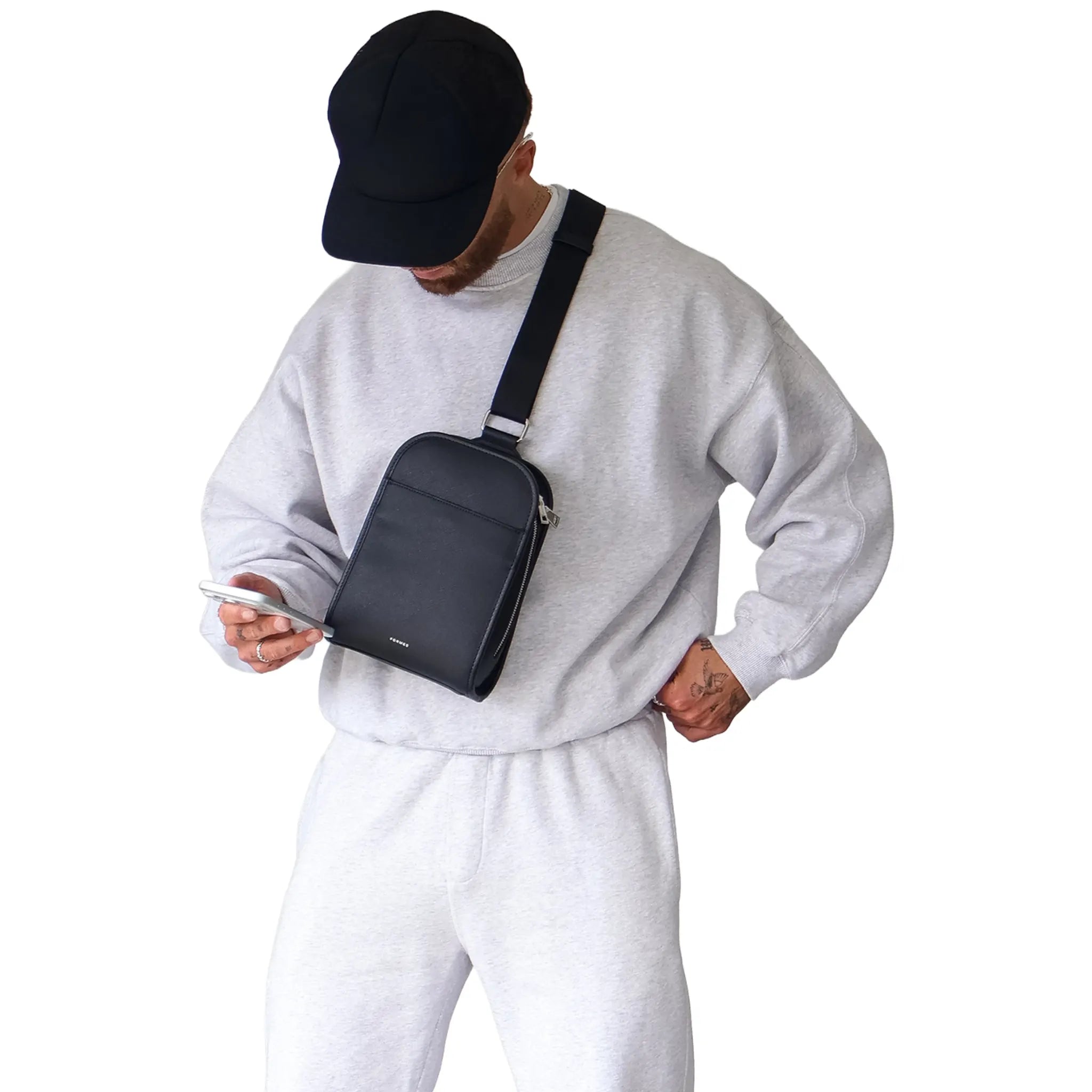 Model View of Formes Porto Sling Nero Crossbody Bag