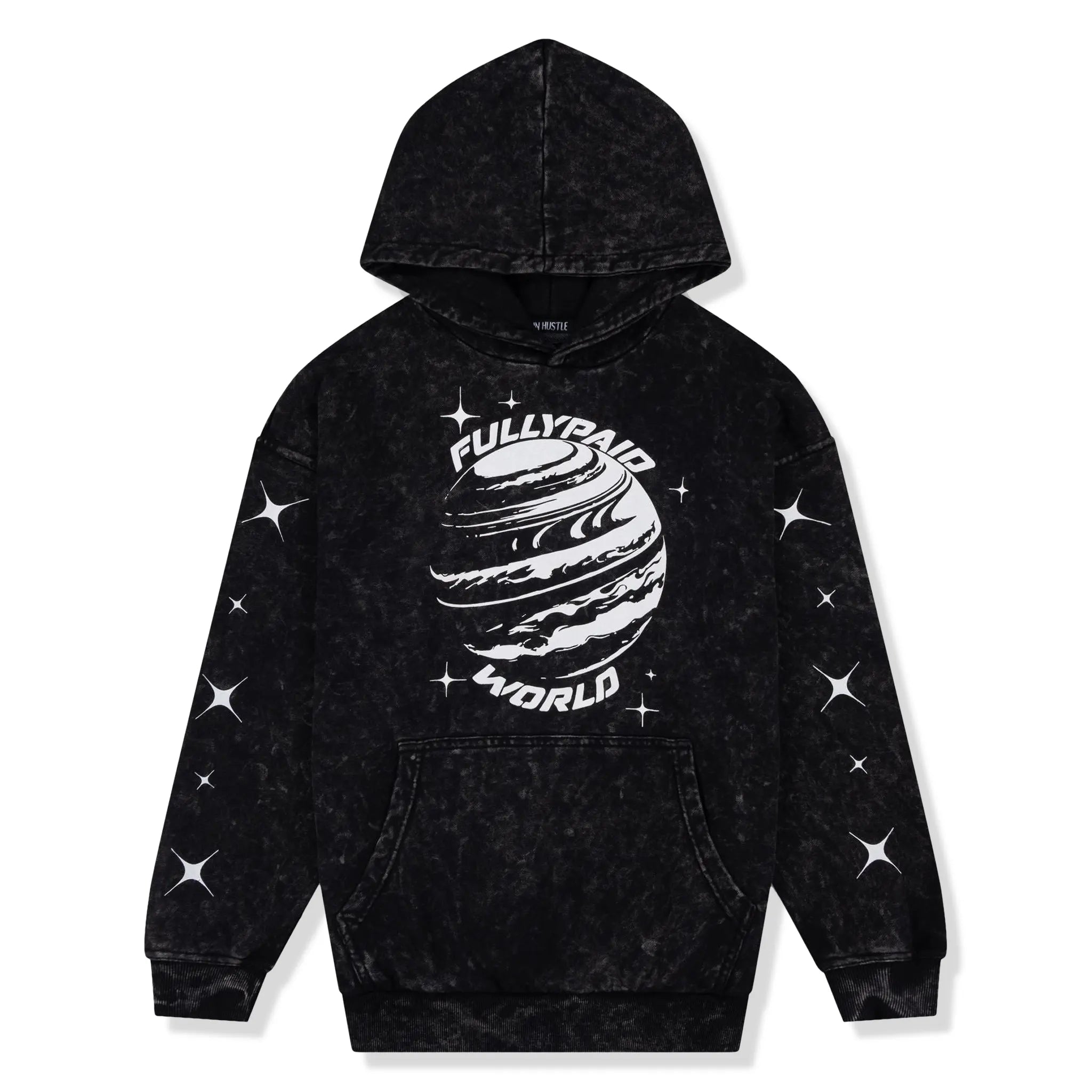 Front View of Fully Paid World Acid Wash Black hoodie