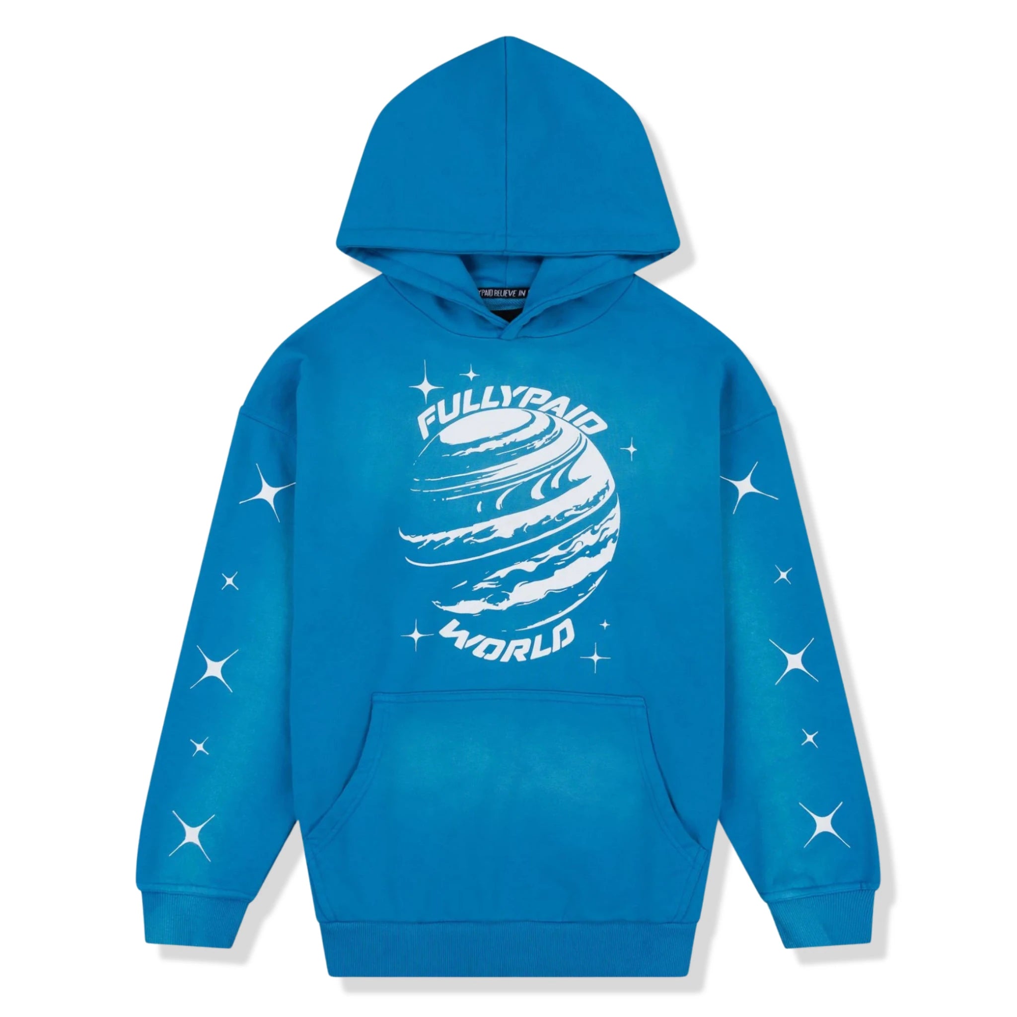Front View of Fully Paid World Acid Wash Blue White Hoodie
