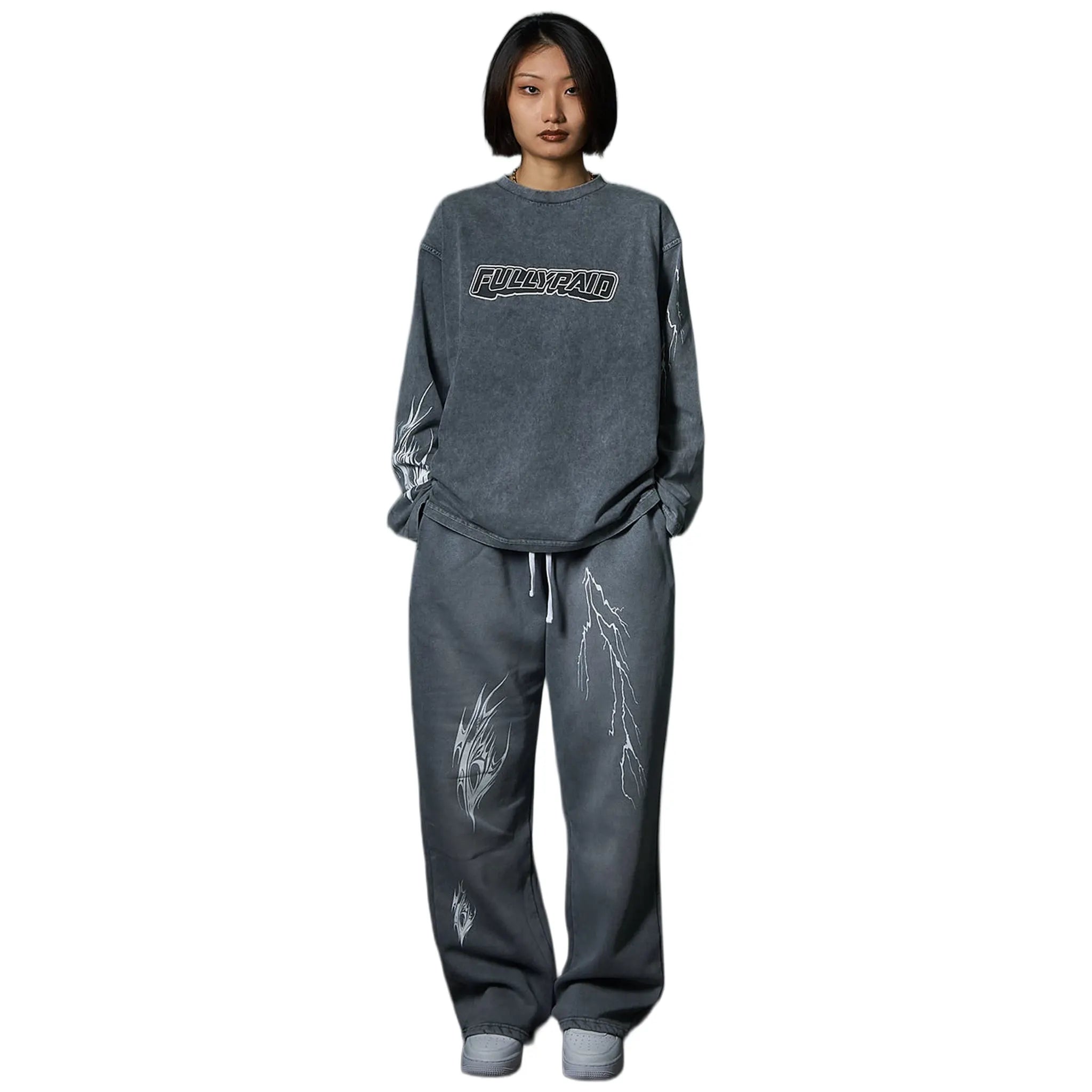 Front View of Fully Paid Acid Wash L/S Grey T Shirt 