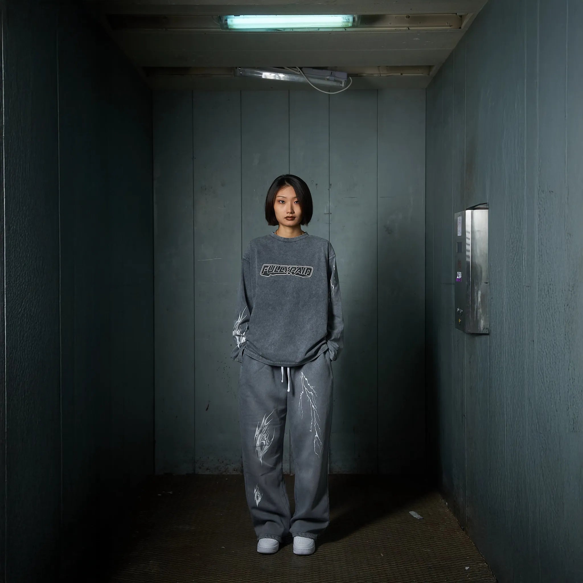 Front View of Fully Paid Acid Wash L/S Grey T Shirt 