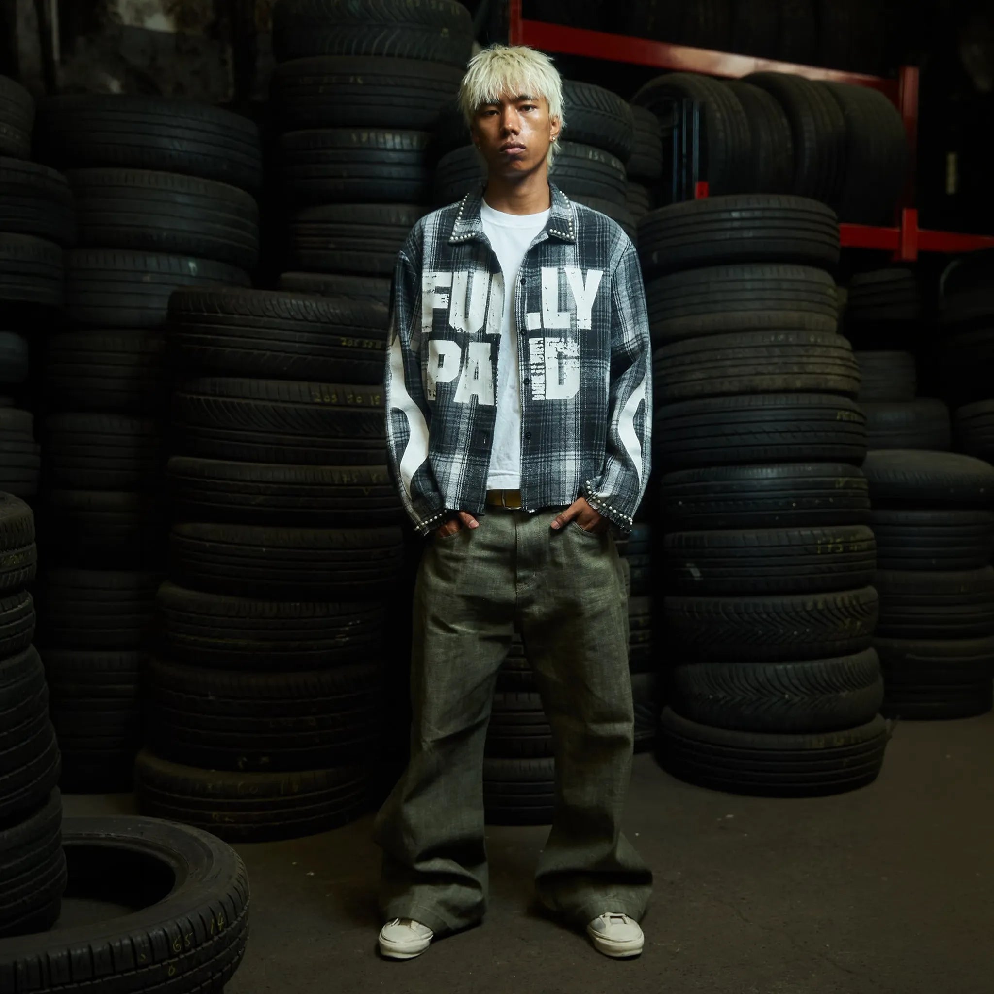 Model View of Fully Paid Black White Flannel Shirt