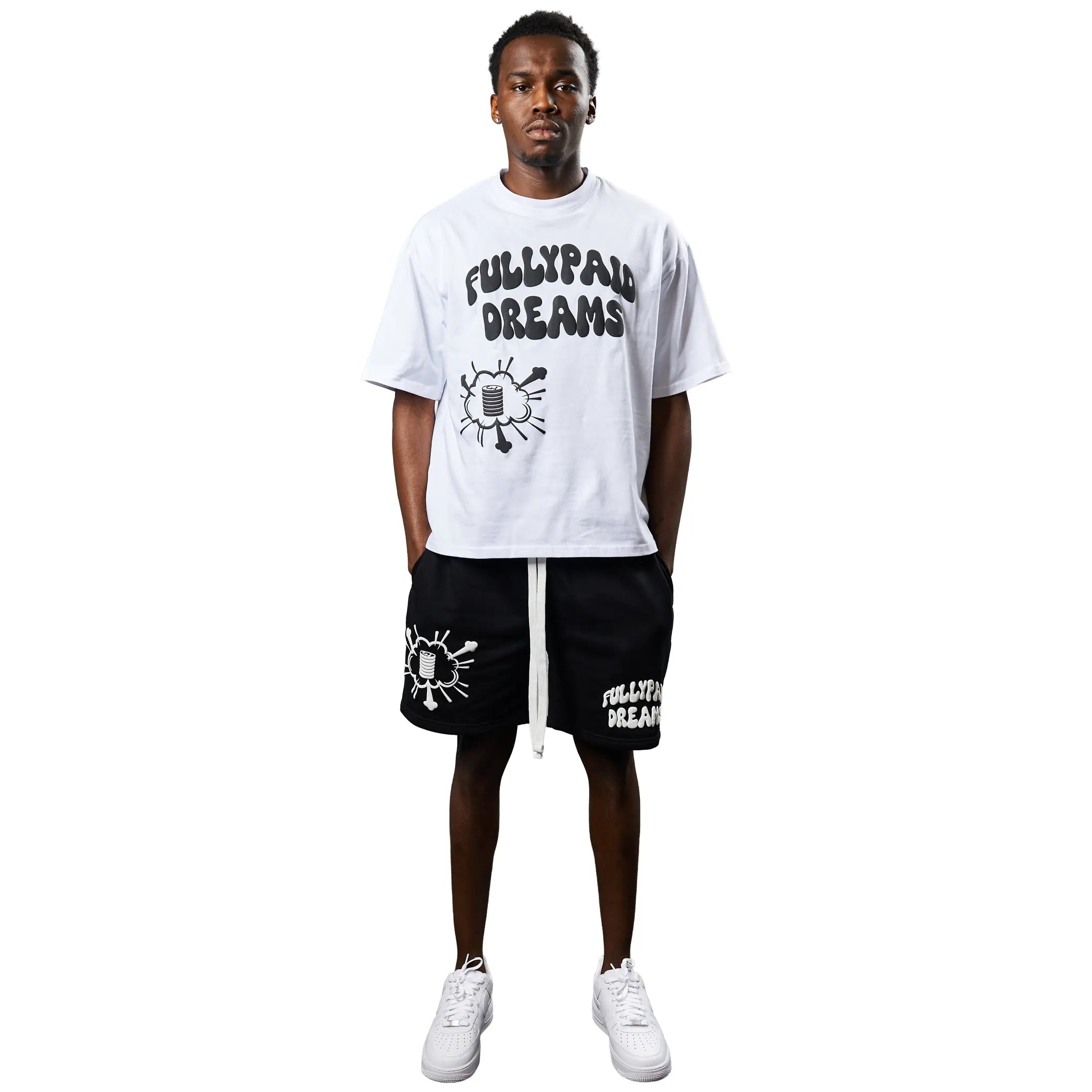 Front View of Fully Paid Dreams Black White Shorts
