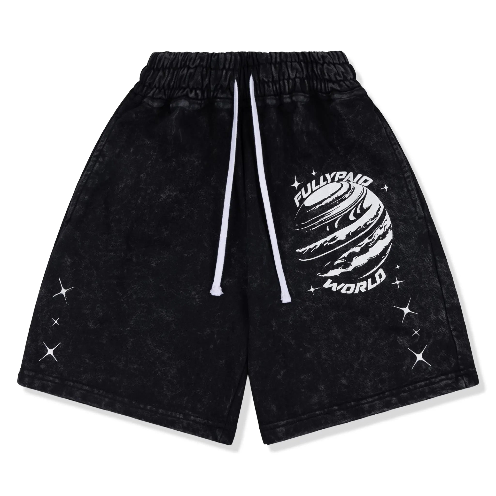 Front View of Fully Paid World Acid Wash Black Shorts