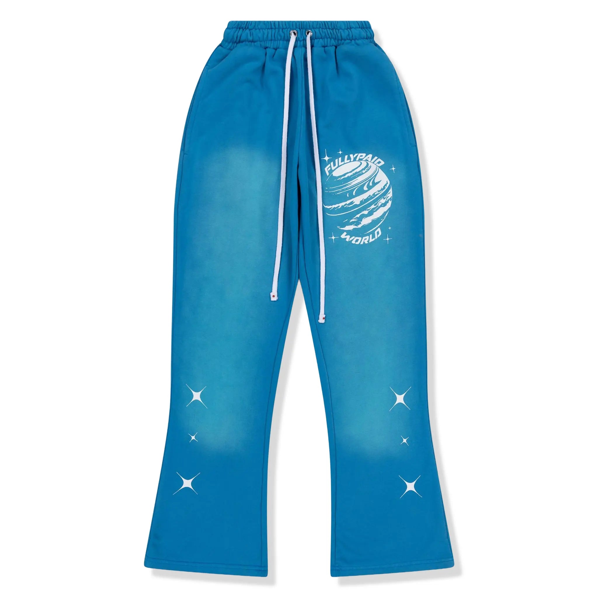 Front View of Fully Paid World Acid Wash Blue White Sweatpants
