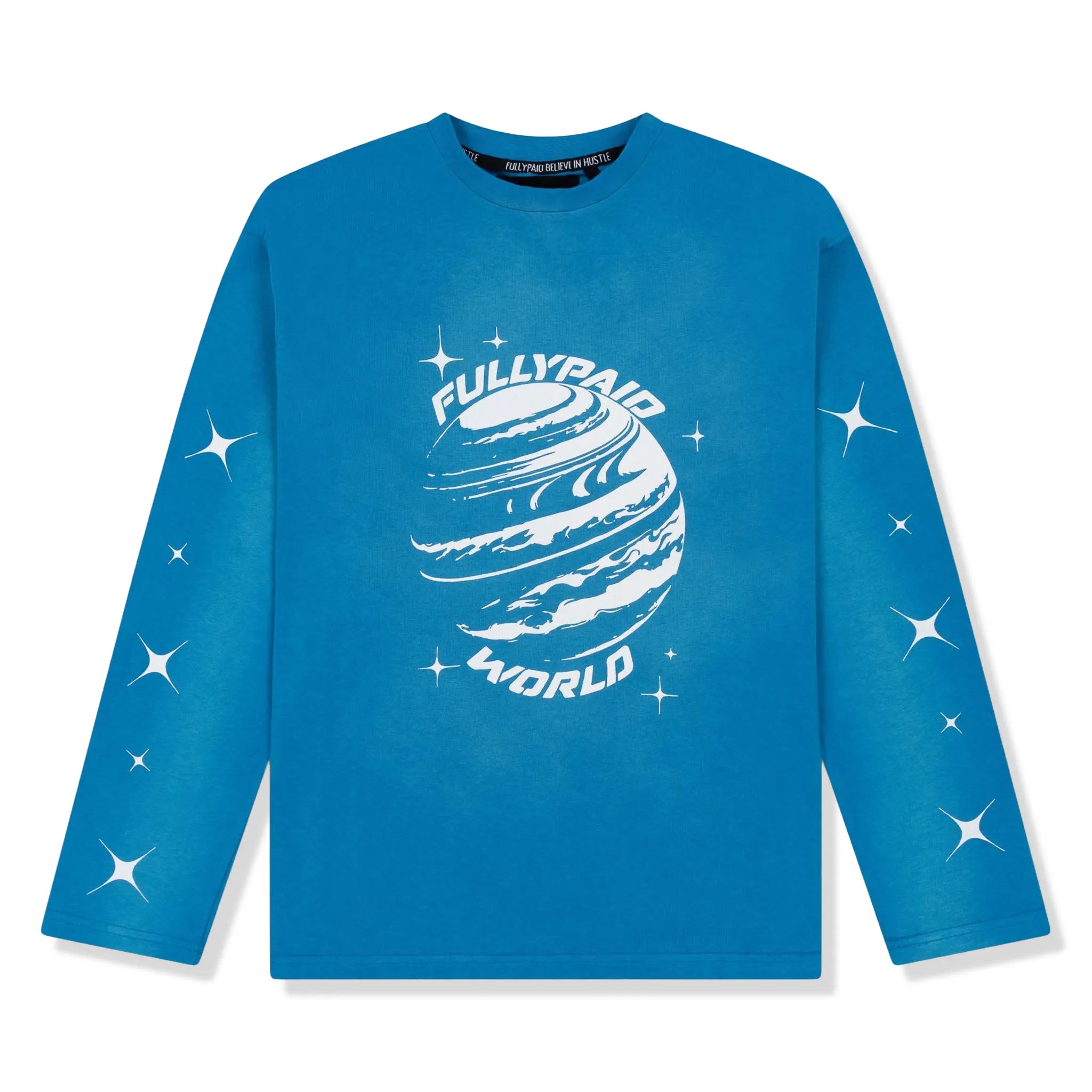 Front View of Fully Paid World Acid Wash L/S Blue White T-Shirt