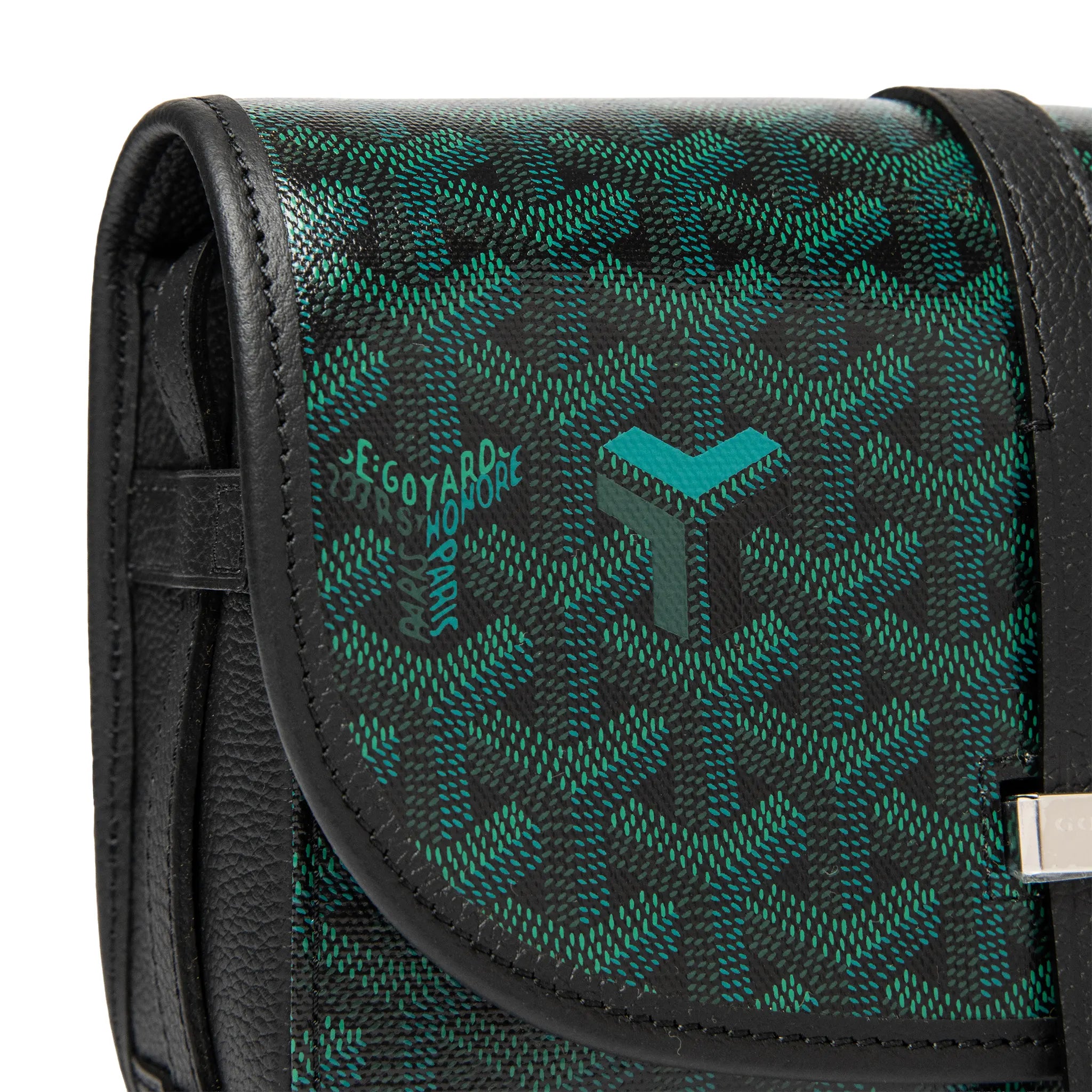 Detailed Front View of Goyard Belvedere PM Evergreen Messenger Bag BELVE3PMLTY79CG79P