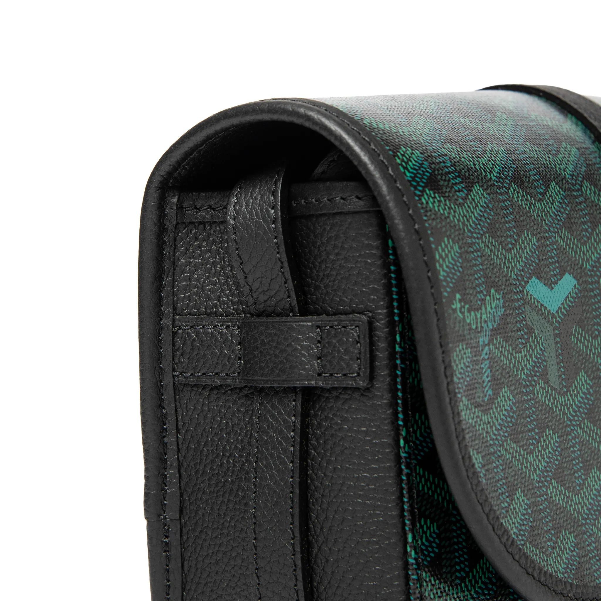 Detailed Side View of Goyard Belvedere PM Evergreen Messenger Bag BELVE3PMLTY79CG79P