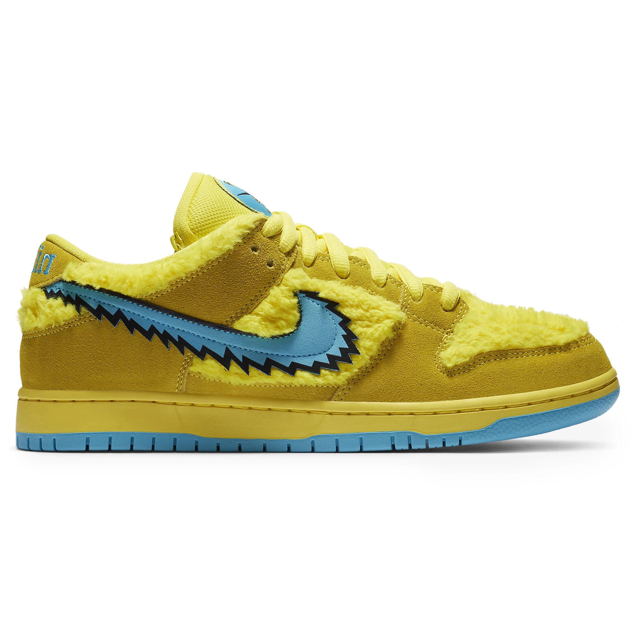 Side view of Grateful Dead X Nike SB Dunk Low Yellow Bear CJ5378-700