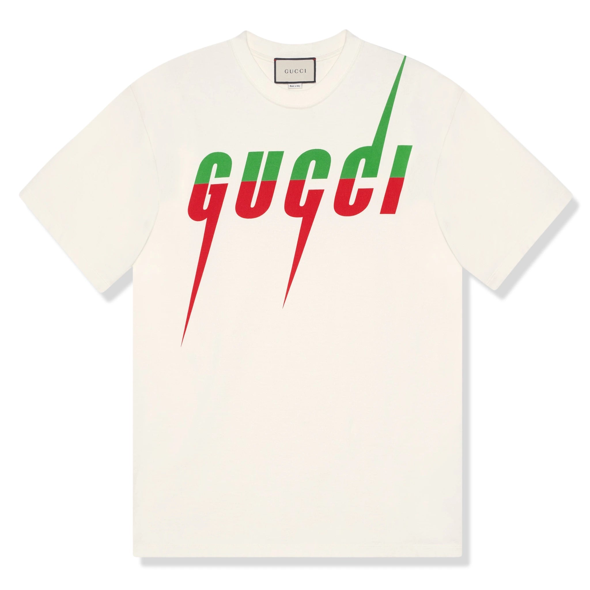 Front view of Gucci Blade Print White T Shirt 565806 XJAZY 9037