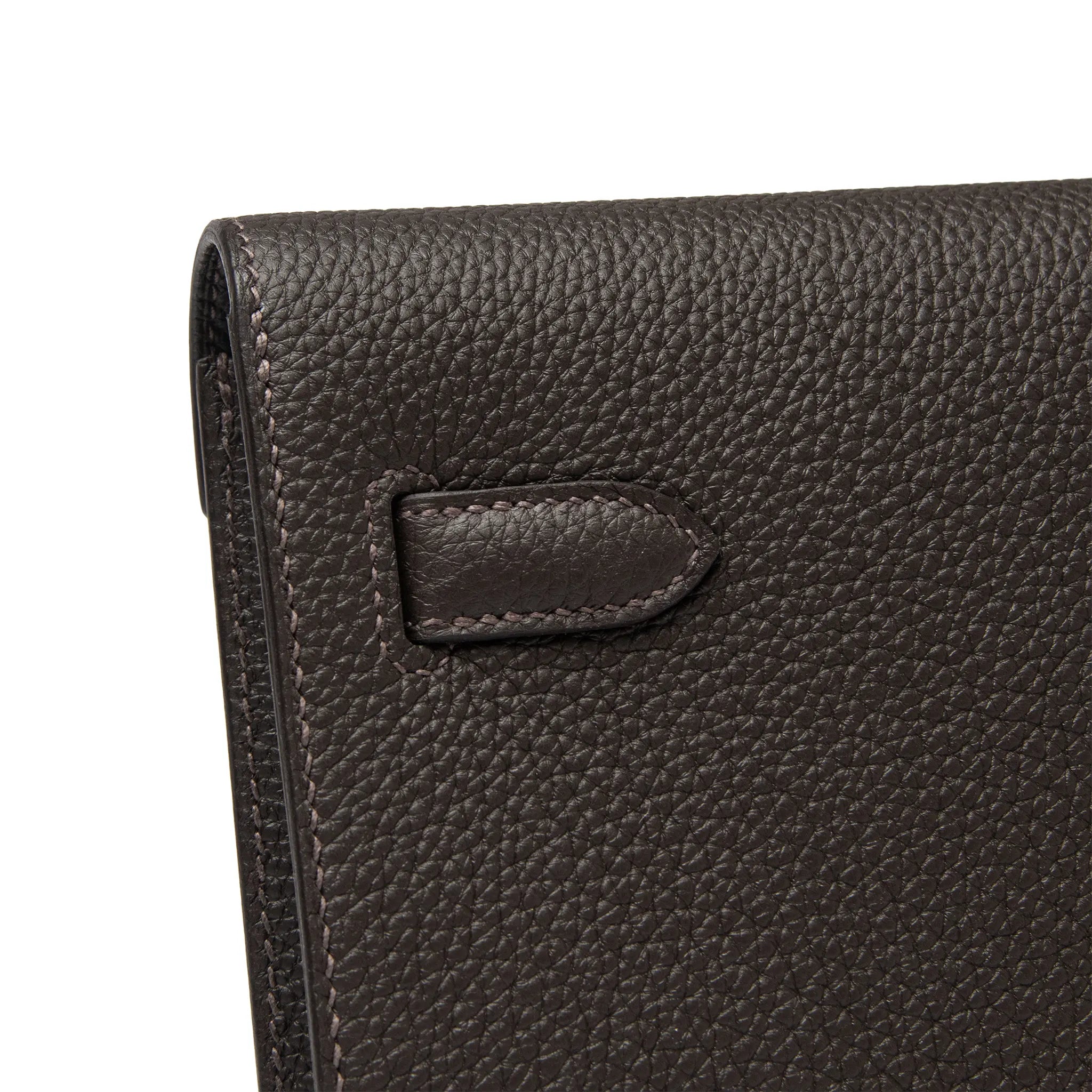 Detailed Back View of Hermes Kelly Depeches 25 Negonda Calfskin Bai Brun Palladium Hardware