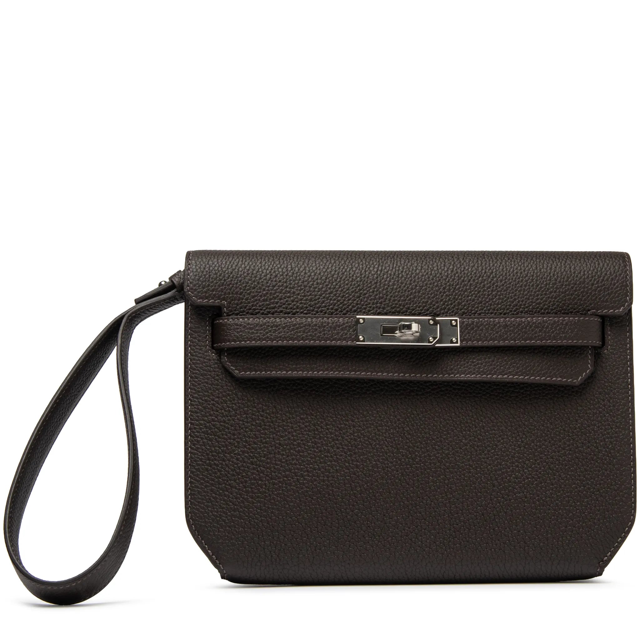 Front View of Hermes Kelly Depeches 25 Negonda Calfskin Bai Brun Palladium Hardware