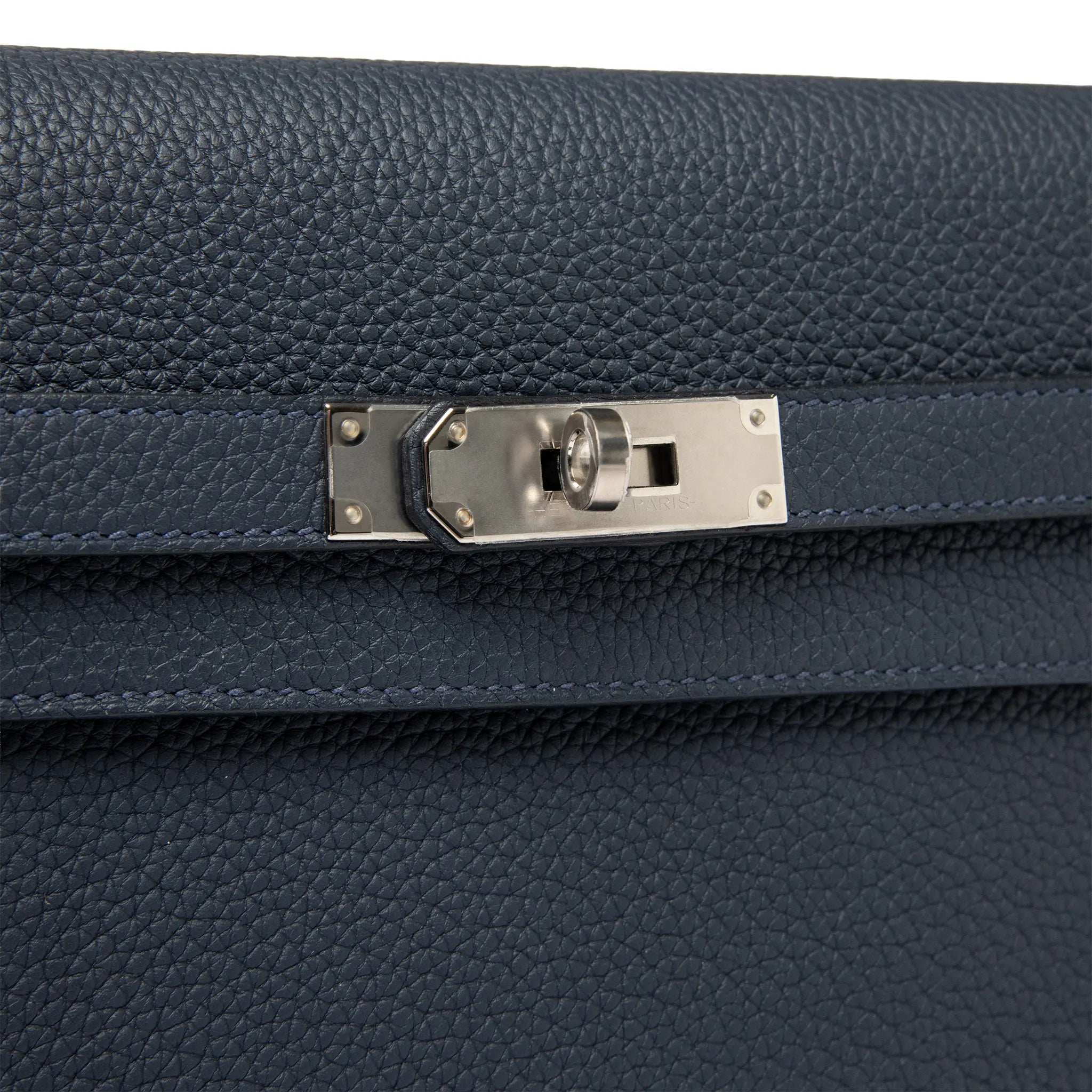 Detailed View of Hermes Kelly Depeches 25 Togo Calfskin Blue Nuit Palladium Hardware