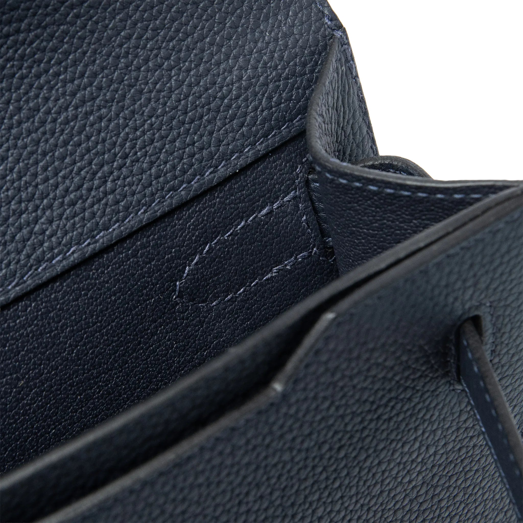 Detailed View of Hermes Kelly Depeches 25 Togo Calfskin Blue Nuit Palladium Hardware