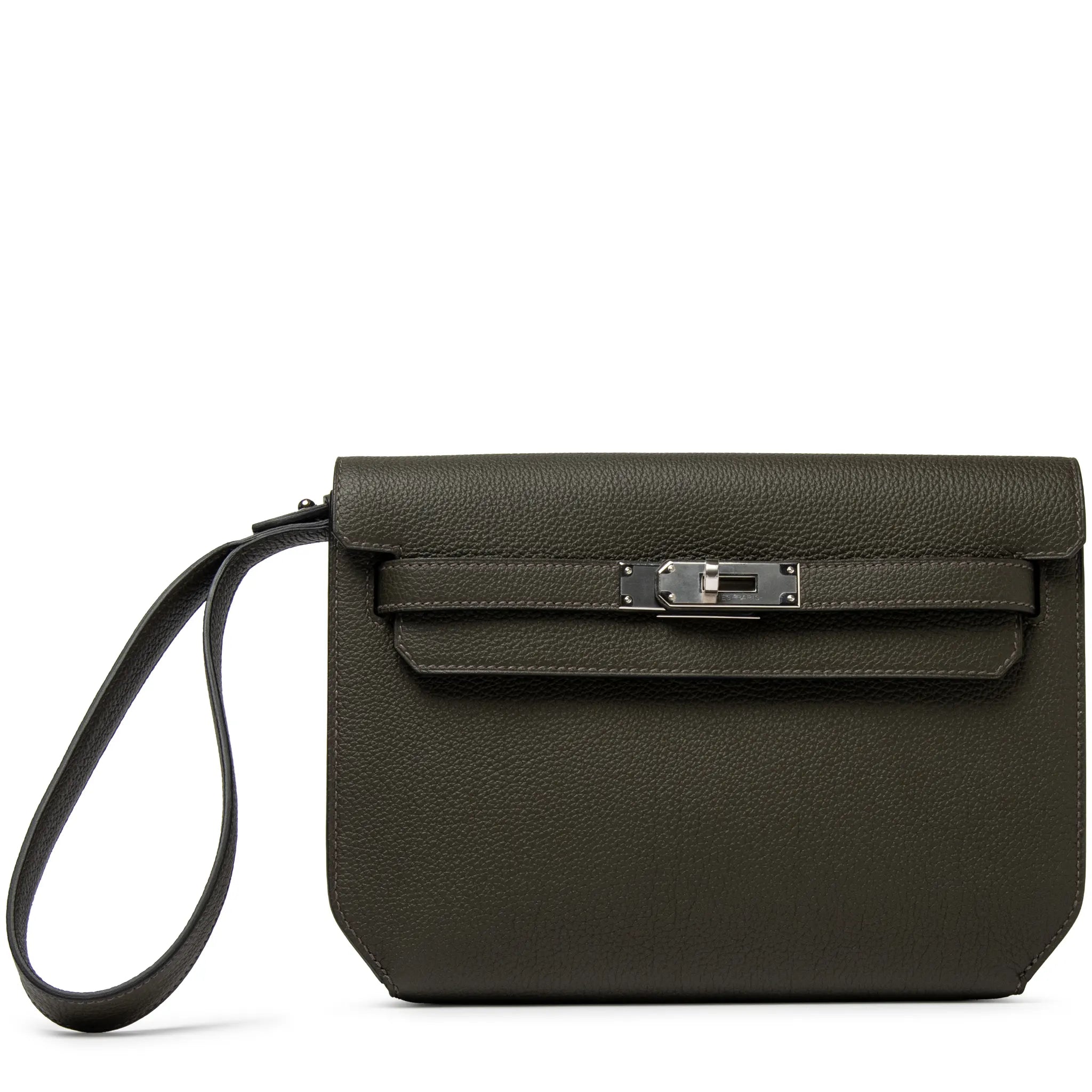 Front View of Hermes Kelly Depeches 25 Togo Calfskin Vert De Gris Palladium Hardware