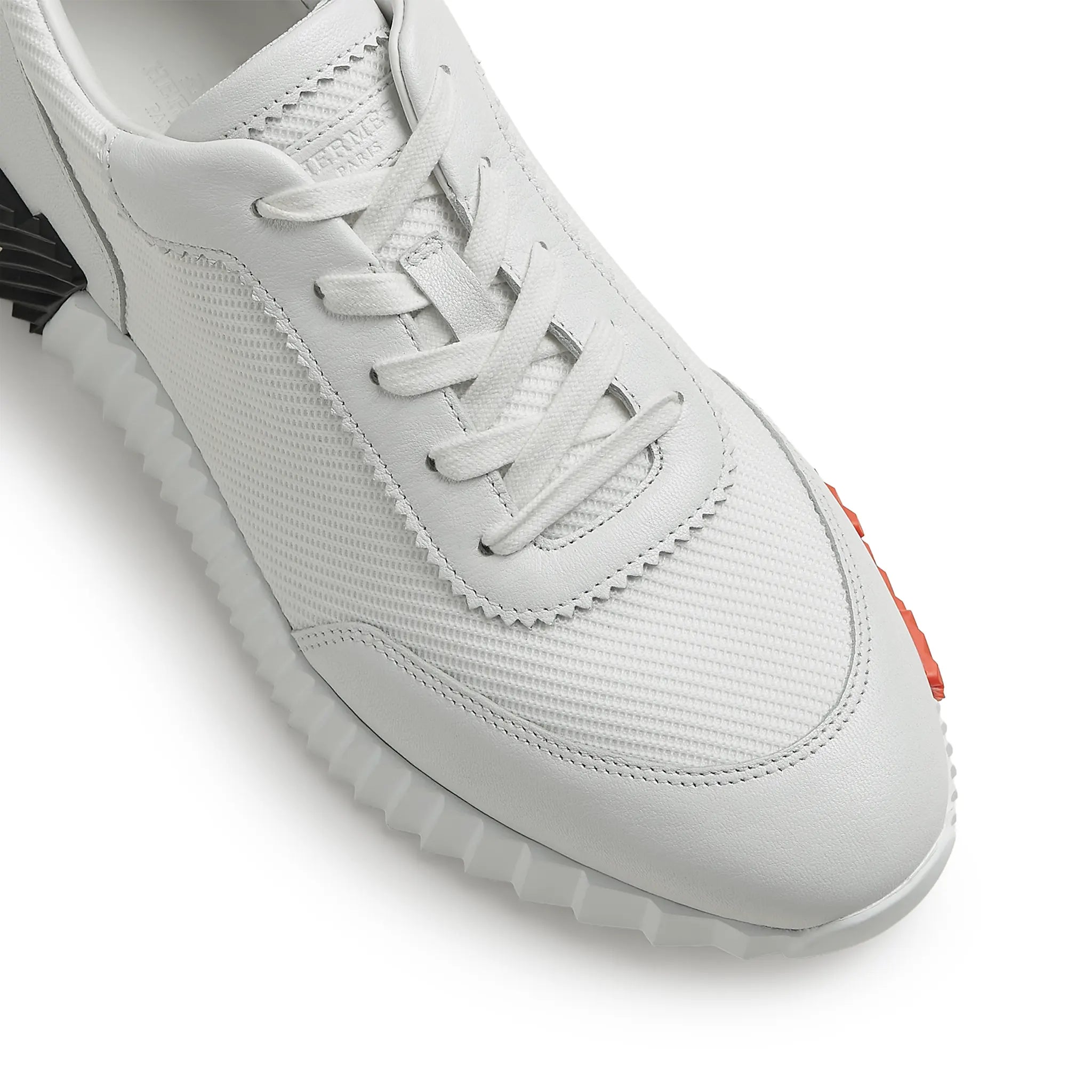 Upper Detailed View of Hermes Paris Bouncing Mesh Leather Sneaker Blanc H261897ZH90390