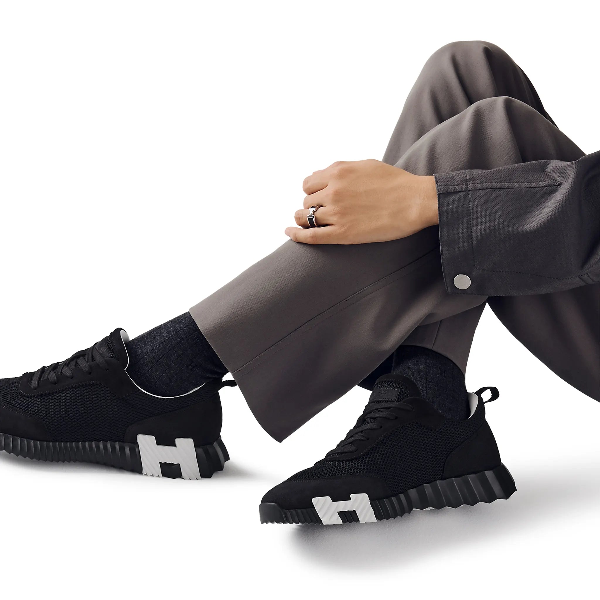 Model View of Hermes Paris Bouncing Mesh Sneaker Noir H27100GZHAA400